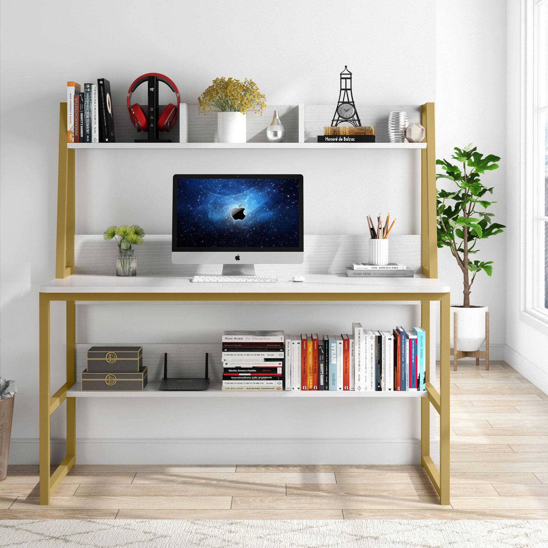 Modern Computer Desk with Hutch, 120 cm Office Desk with Storage Shelves