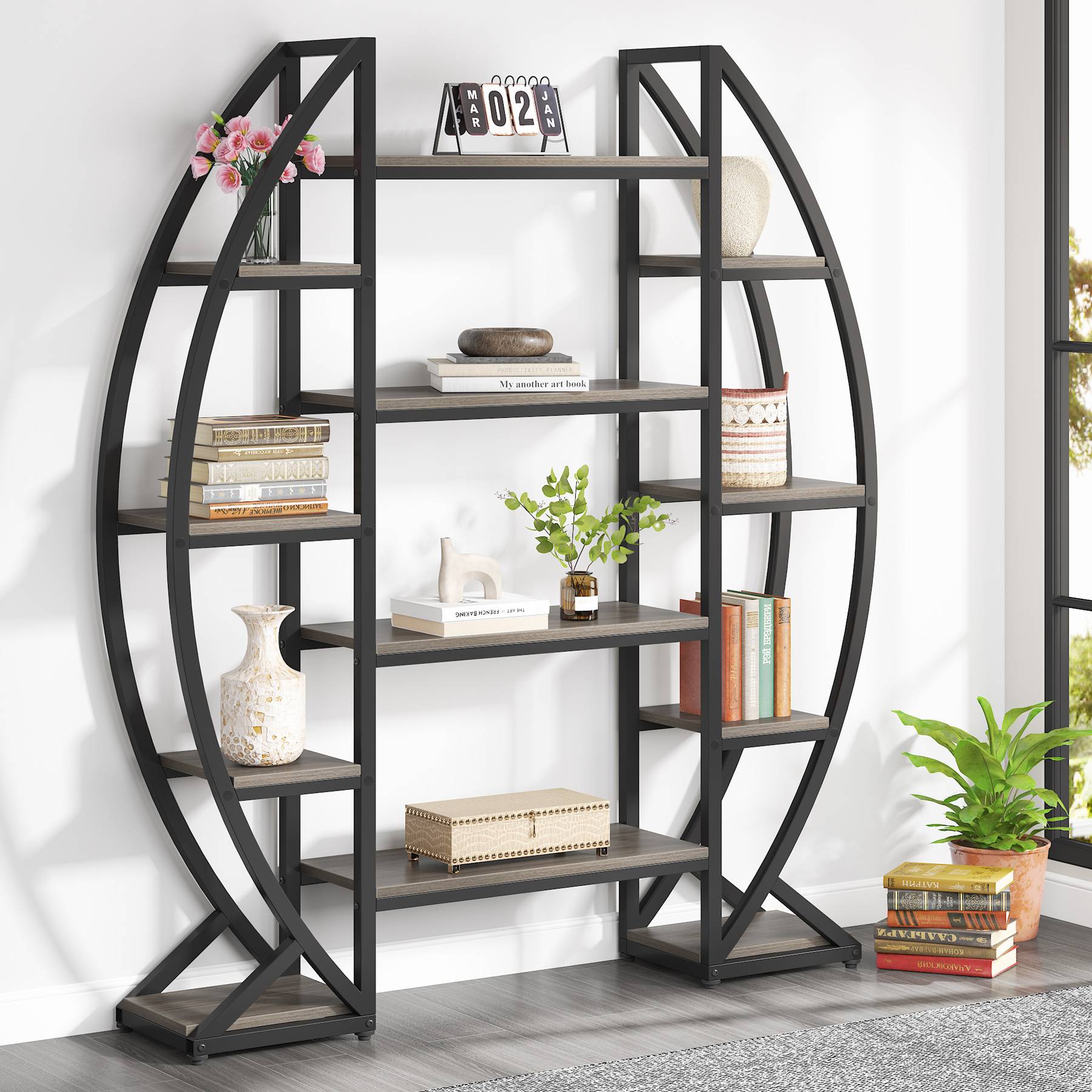 Industrial Bookshelf, Oval Triple Wide Etagere Bookcases Display Shelves (cm)