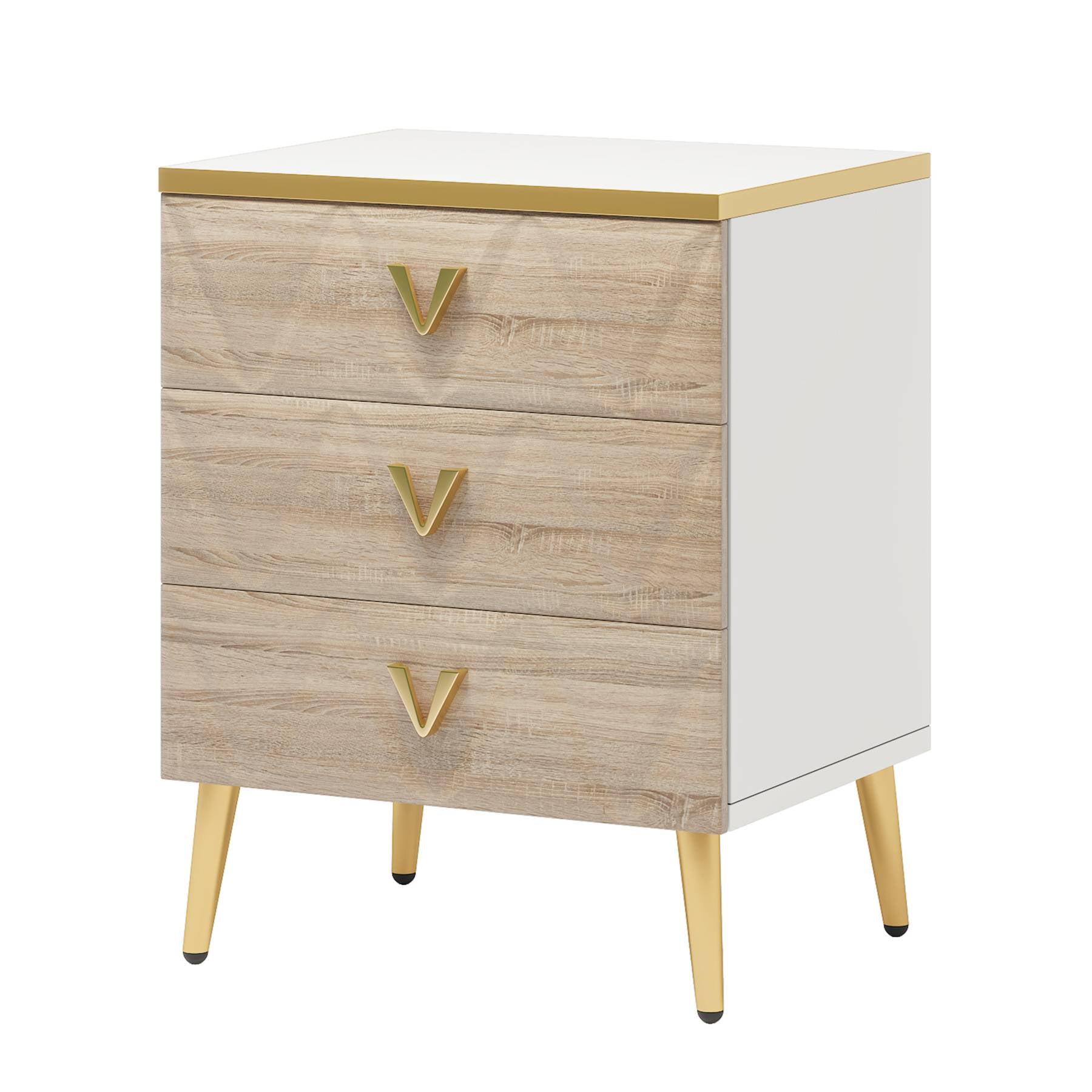 Modern Nightstand, Wooden Bedside Table with 3 Drawers (2PCS) - Dimensions in cm