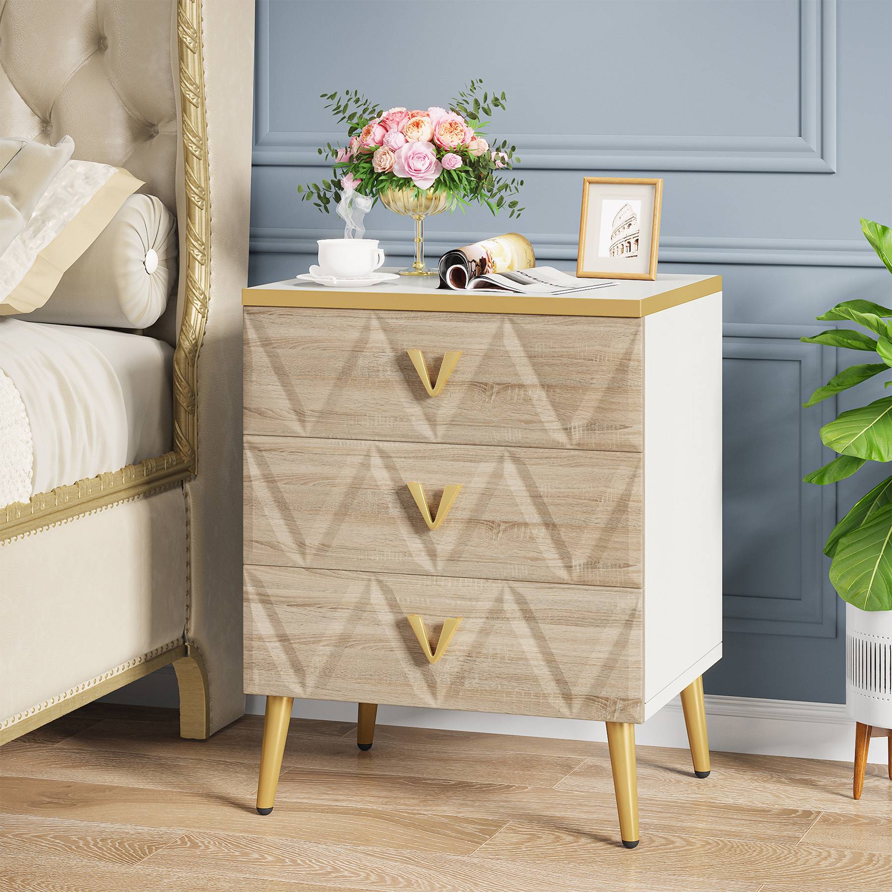 Modern Nightstand, Wooden Bedside Table with 3 Drawers (2PCS) - Dimensions in cm