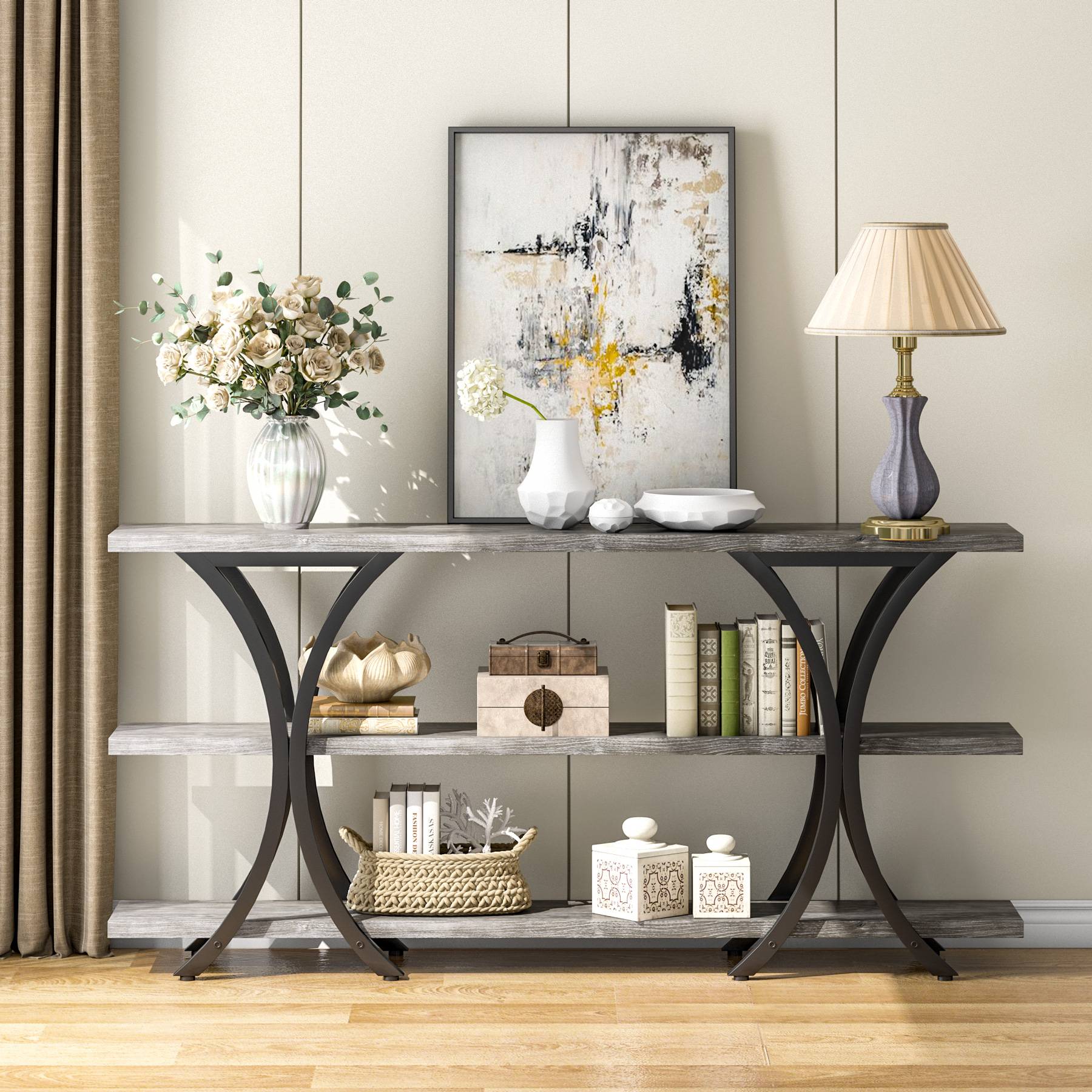 180 cm Console Table, Industrial Entryway Sofa Table with 3-Tier Shelves