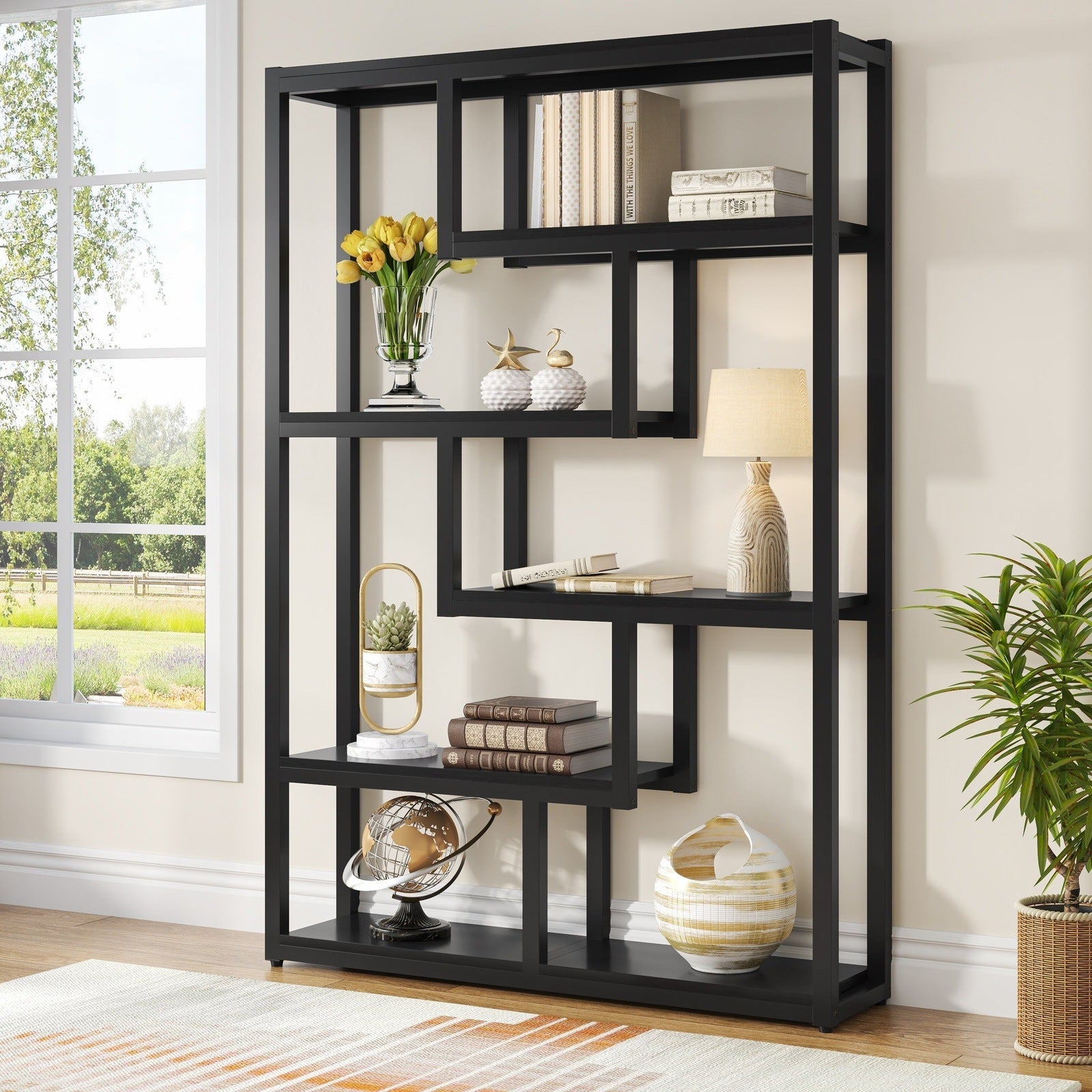 6-Tier Bookshelf, 175 cm Industrial Etagere Bookcase with Staggered Shelves