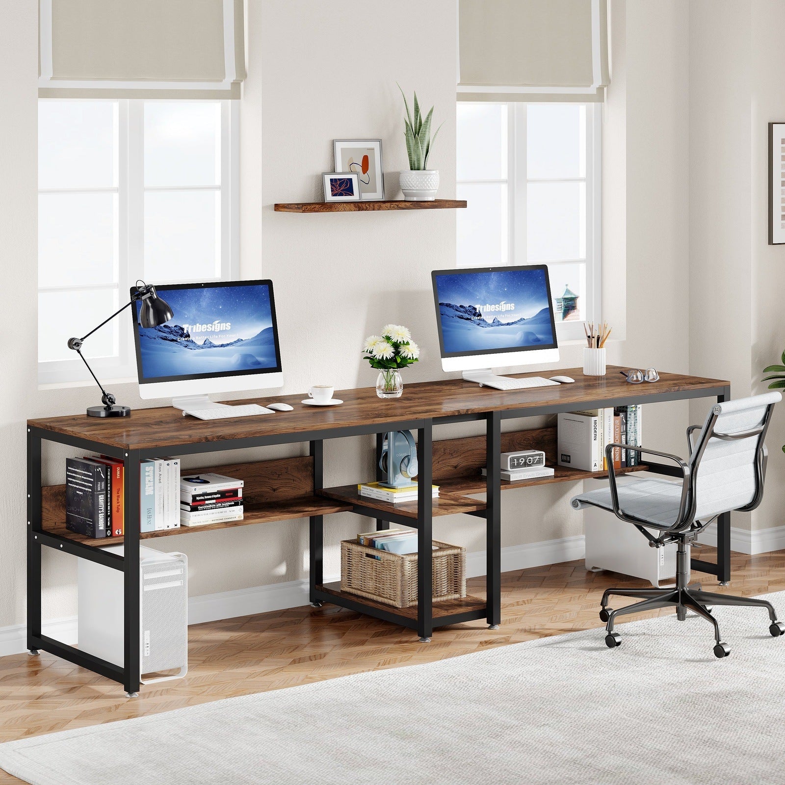 200 cm Two Person Desk, Double Computer Desk with Bookshelf