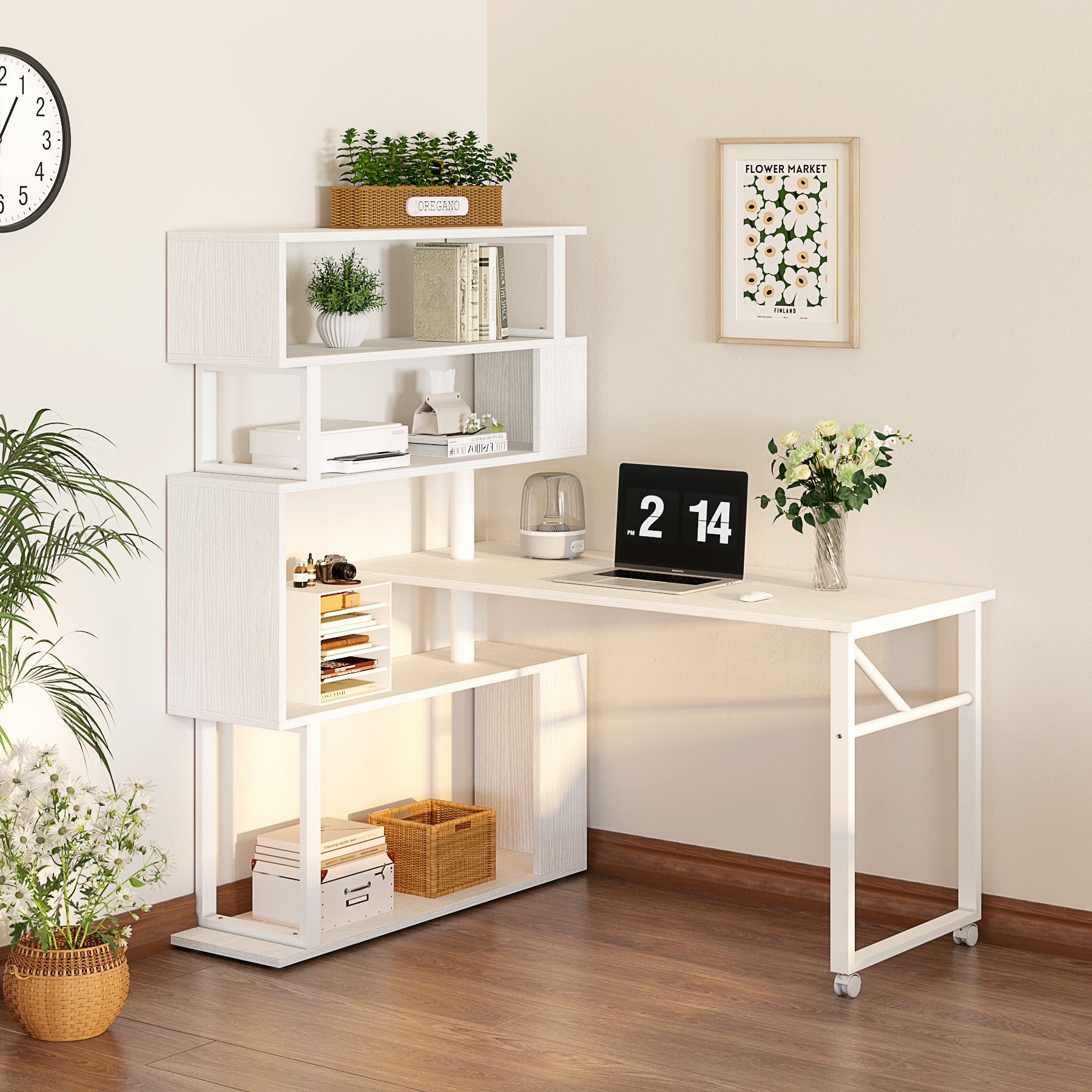 Rotating Desk with 5-Tier Bookshelf, Reversible Computer Desk with Wheels (in cm)