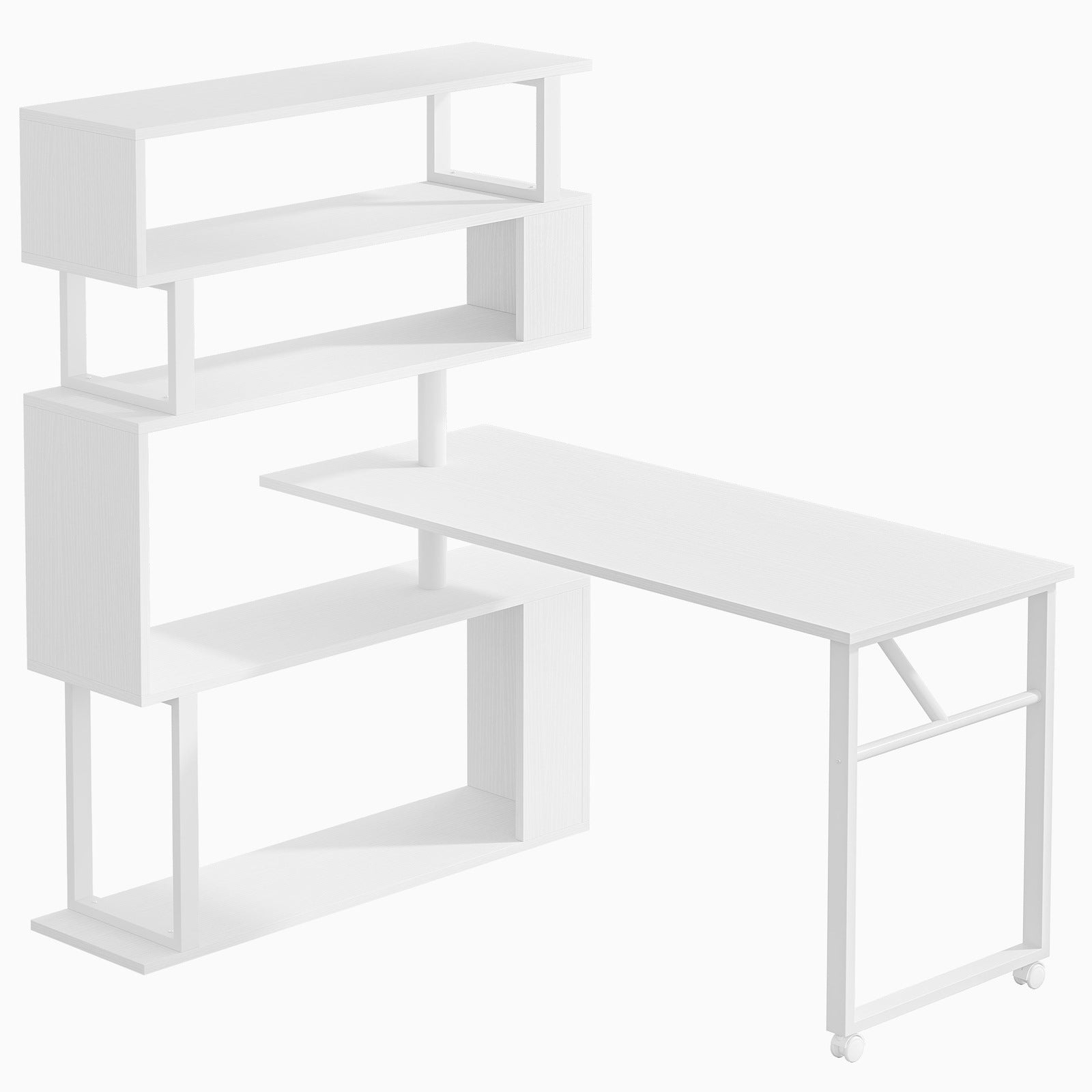 Rotating Desk with 5-Tier Bookshelf, Reversible Computer Desk with Wheels (in cm)