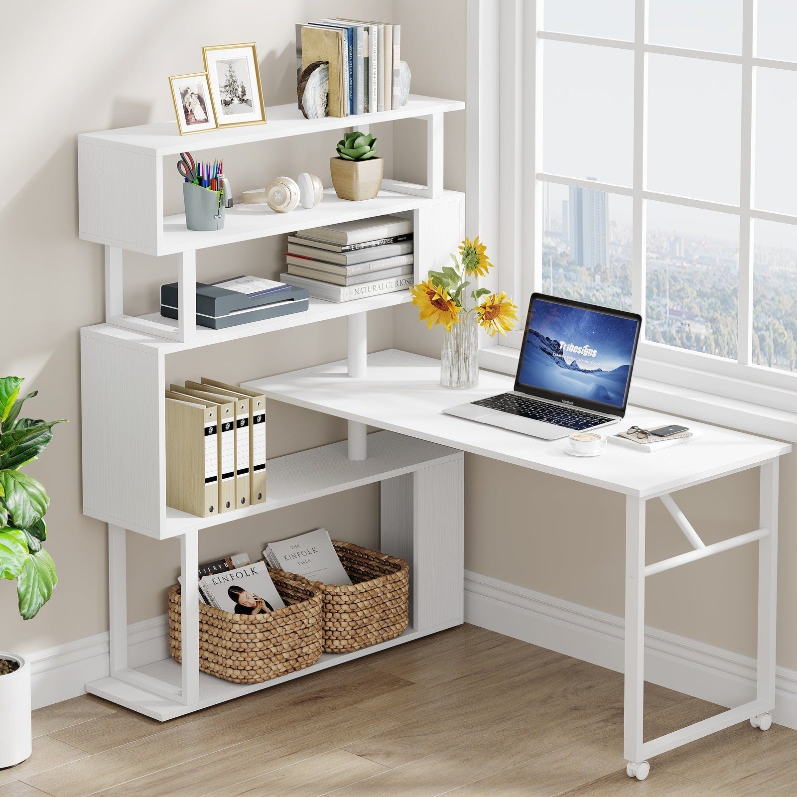 Rotating Desk with 5-Tier Bookshelf, Reversible Computer Desk with Wheels (in cm)