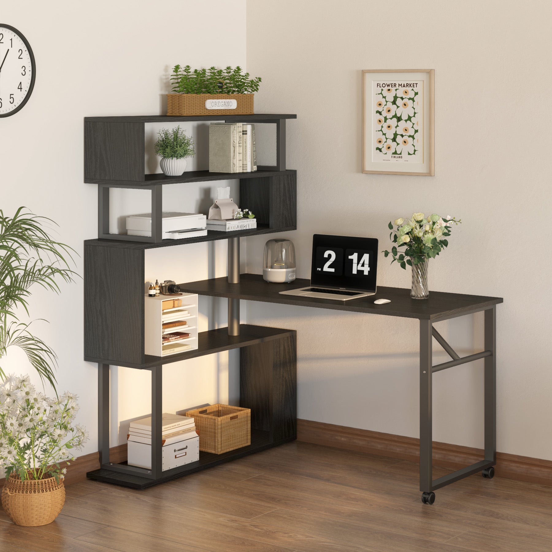 Rotating Desk with 5-Tier Bookshelf, Reversible Computer Desk with Wheels (in cm)