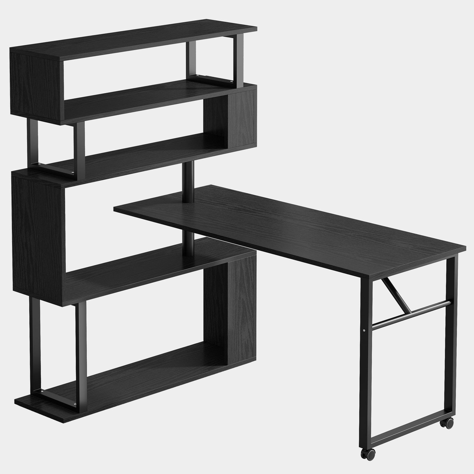 Rotating Desk with 5-Tier Bookshelf, Reversible Computer Desk with Wheels (in cm)