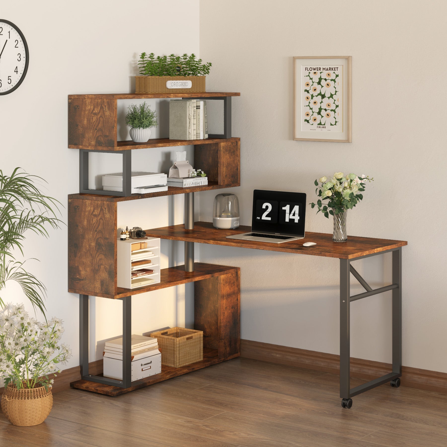 Rotating Desk with 5-Tier Bookshelf, Reversible Computer Desk with Wheels (in cm)