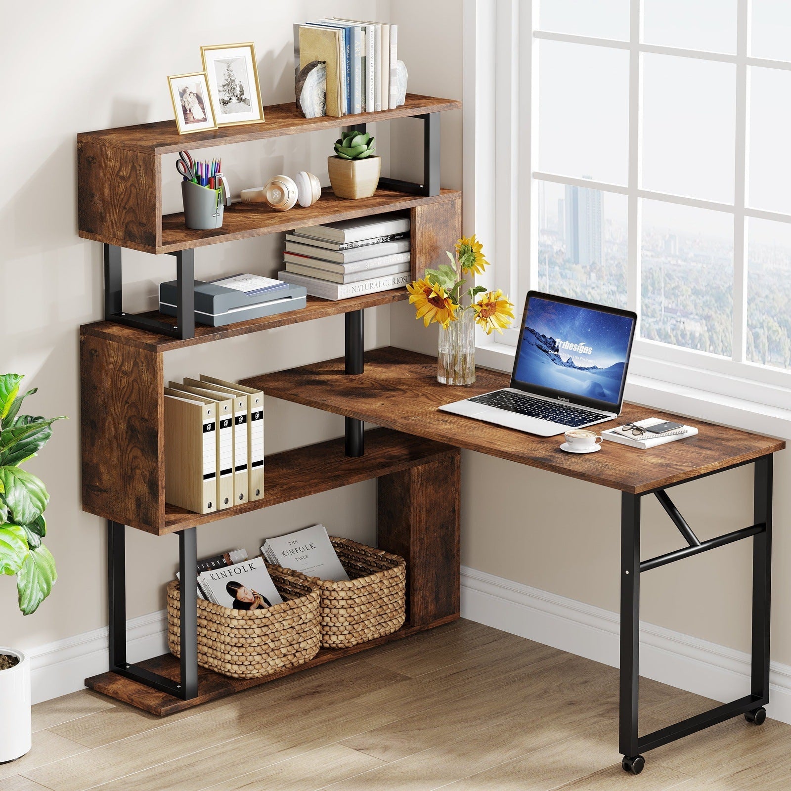 Rotating Desk with 5-Tier Bookshelf, Reversible Computer Desk with Wheels (in cm)