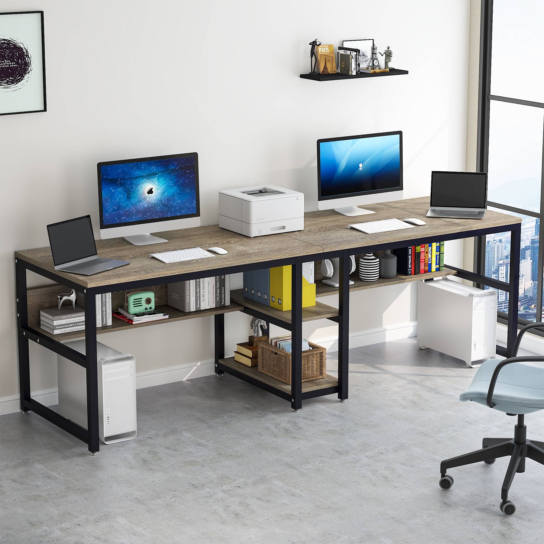 200 cm Two Person Desk, Computer Desk Double Workstation with Shelves