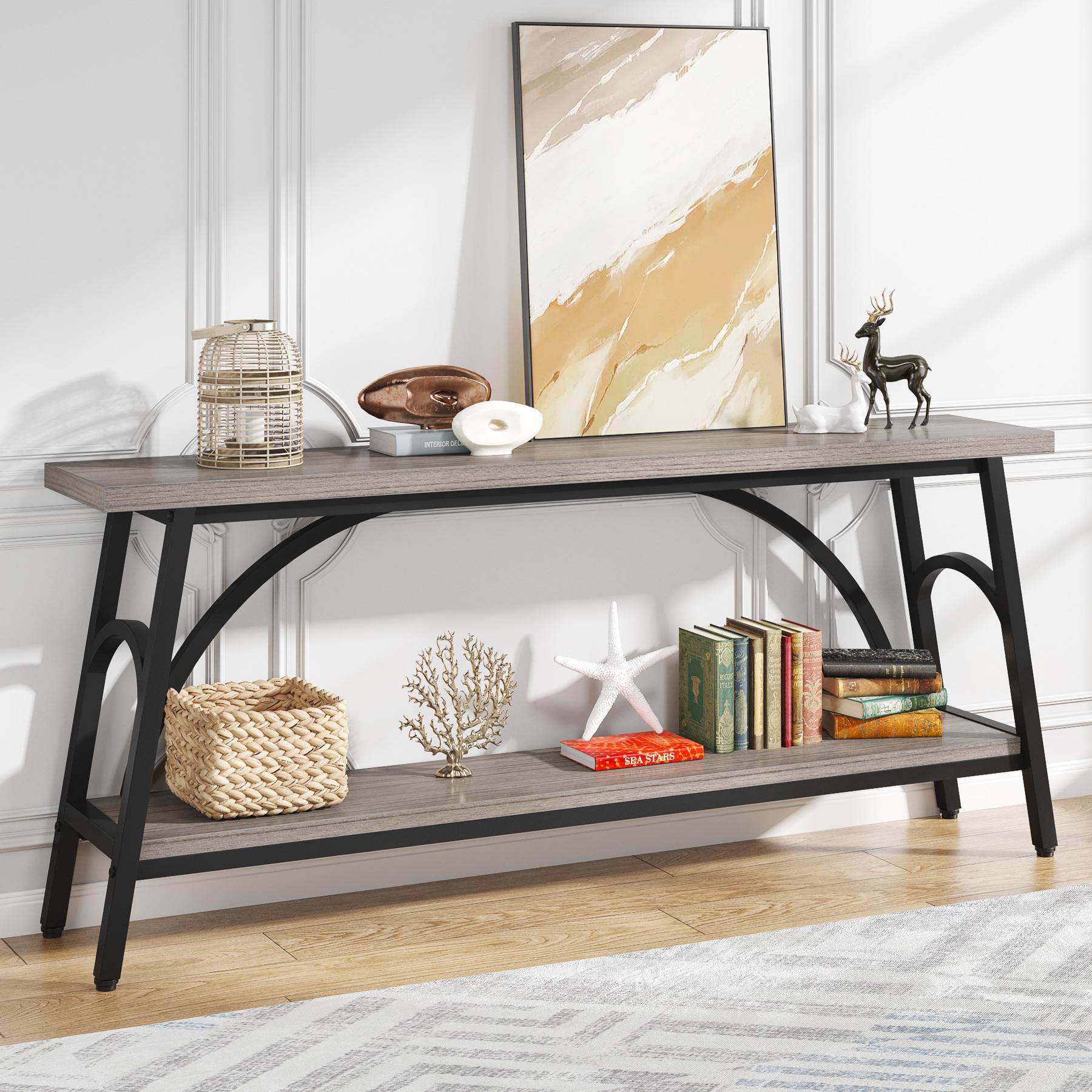 2-Tier Console Table, 180 cm Sofa Table Hallway Table with Open Shelves