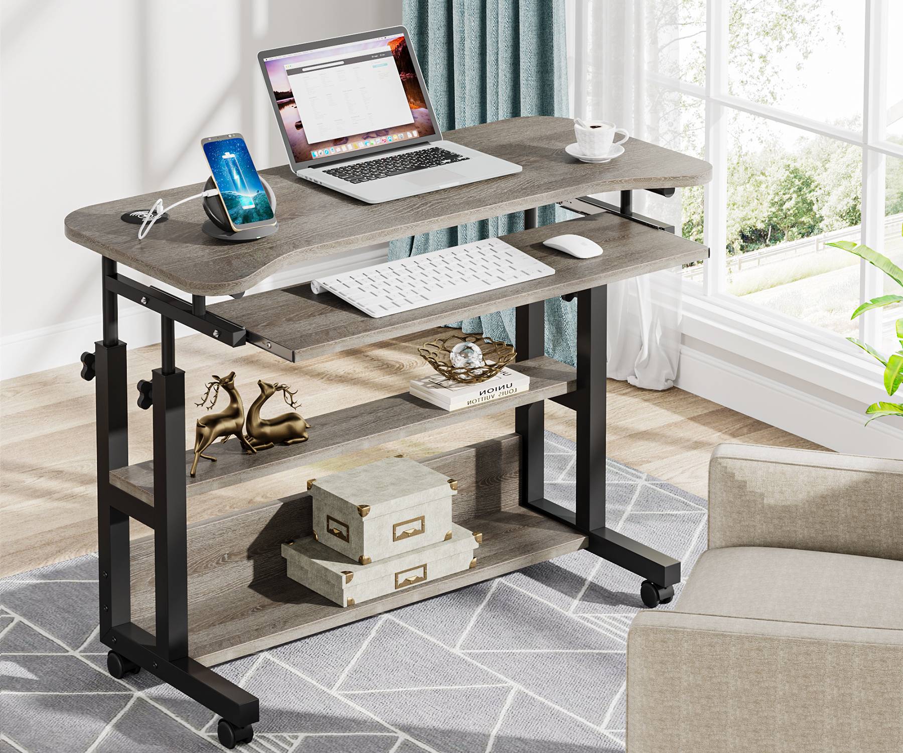 Height Adjustable Desk, Mobile Portable Desk with Wireless Charging Station (cm)