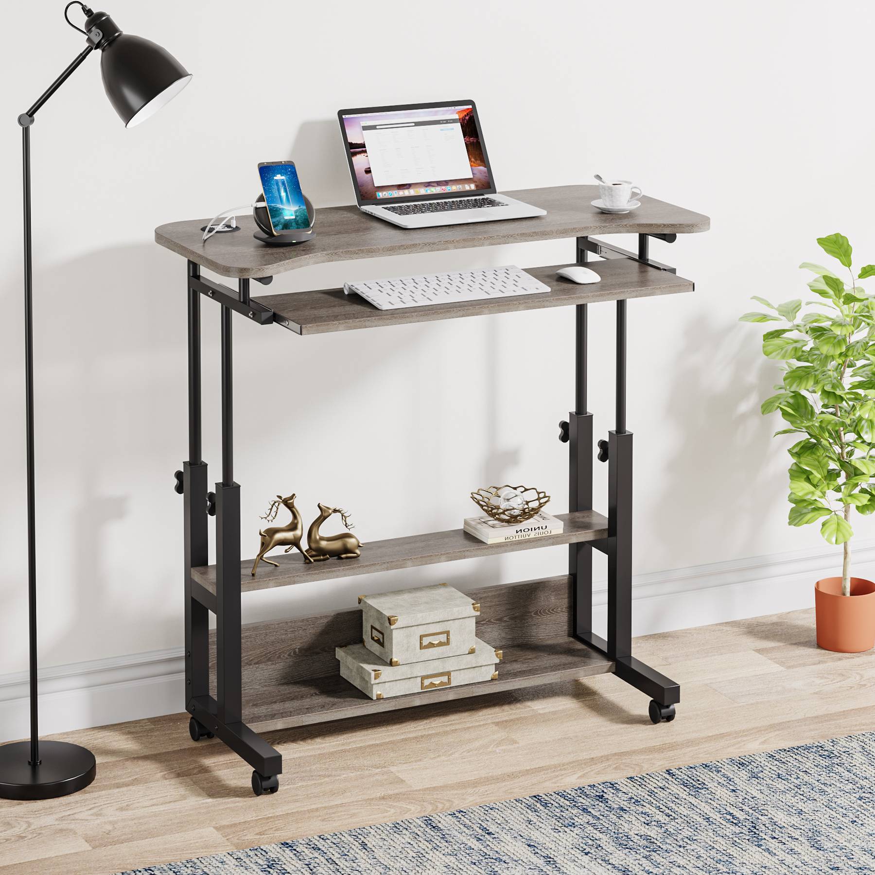 Height Adjustable Desk, Mobile Portable Desk with Wireless Charging Station (cm)