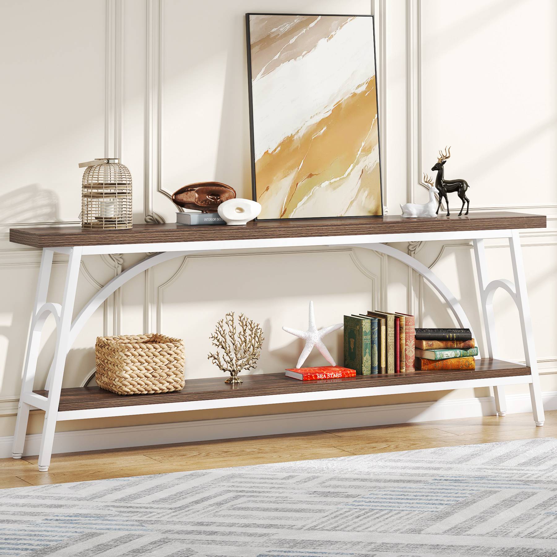 2-Tier Console Table, 180 cm Sofa Table Hallway Table with Open Shelves