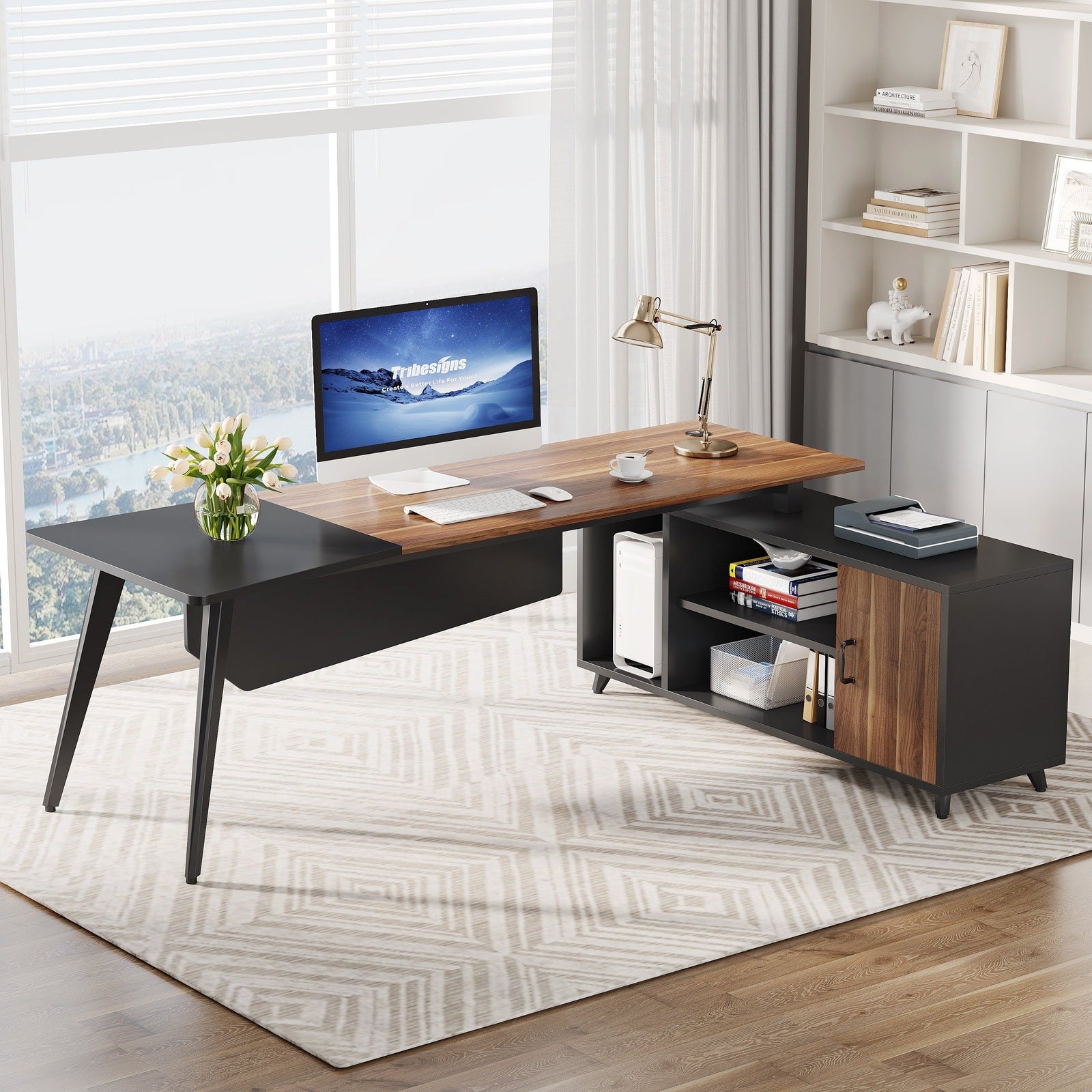 Industrial L-Shaped Desk, 200 cm Executive Office Desk with File Cabinet