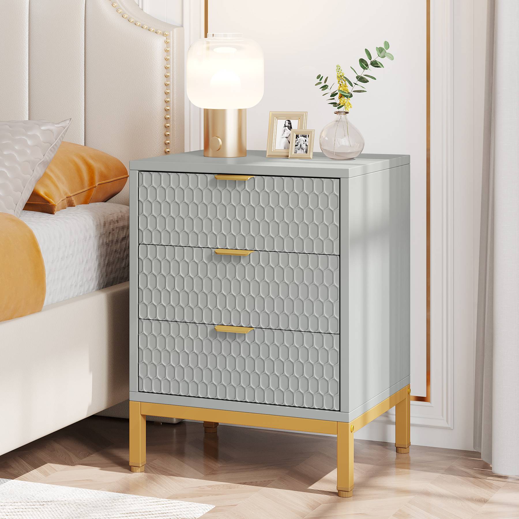 Modern Nightstand, 65.5 cm Tall Bedside Table with 3 Drawers