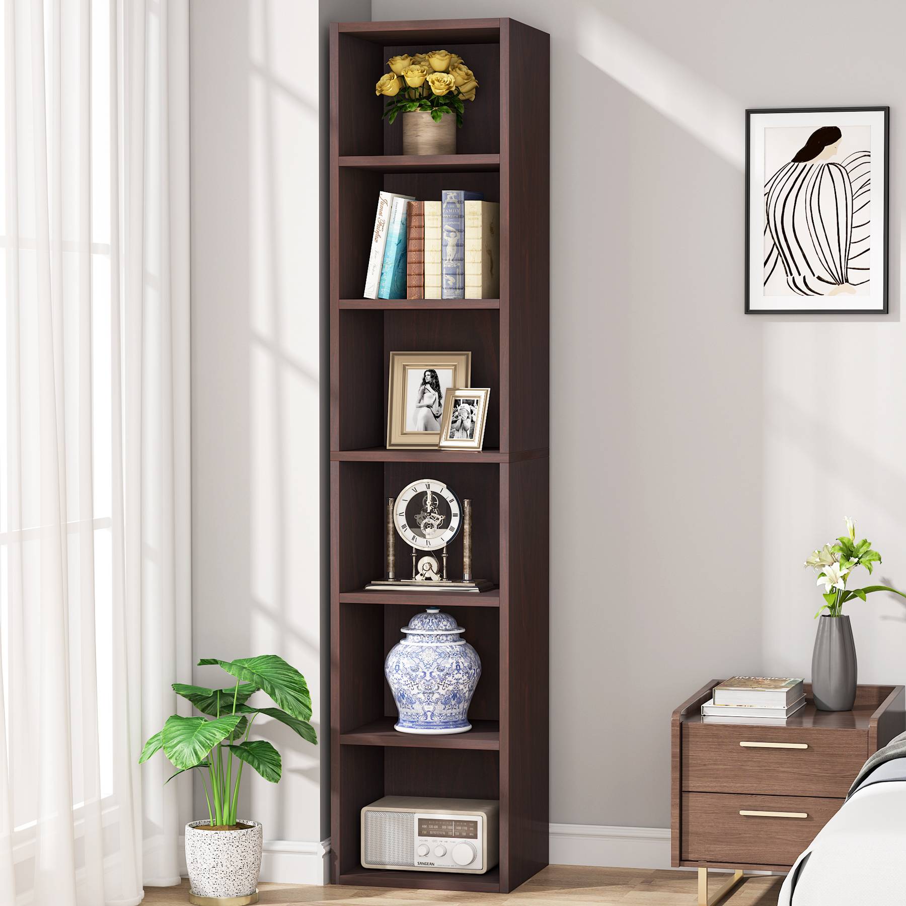 180 cm Corner Bookcase, Modern 6-Tier Narrow Cube Display Shelves