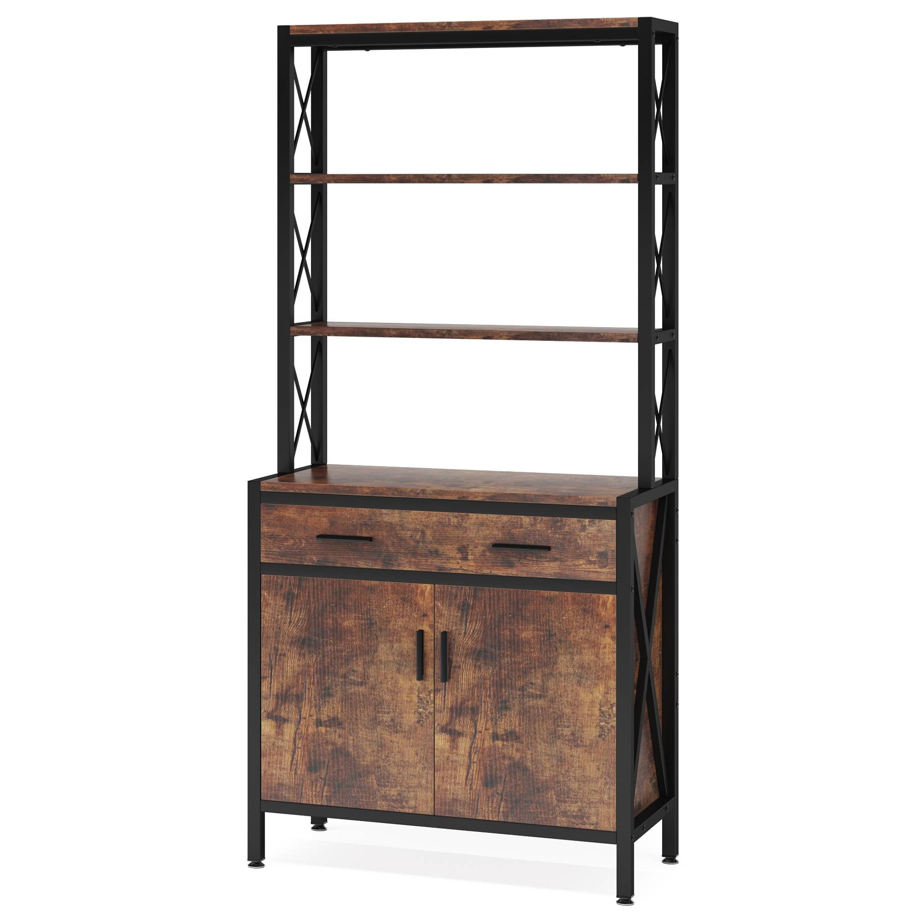 Industrial Bookshelf, 4-Tier Etagere Bookcase with Drawer & Cabinet (cm)