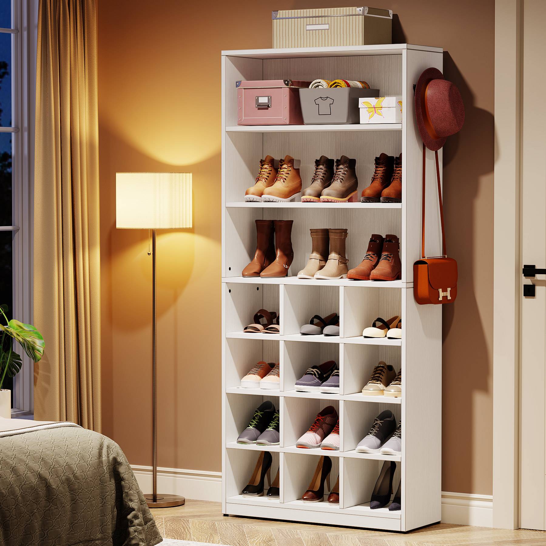 Freestanding Shoe Cabinet, 61 cm Shoe Rack for 24 Pairs with Side Hooks