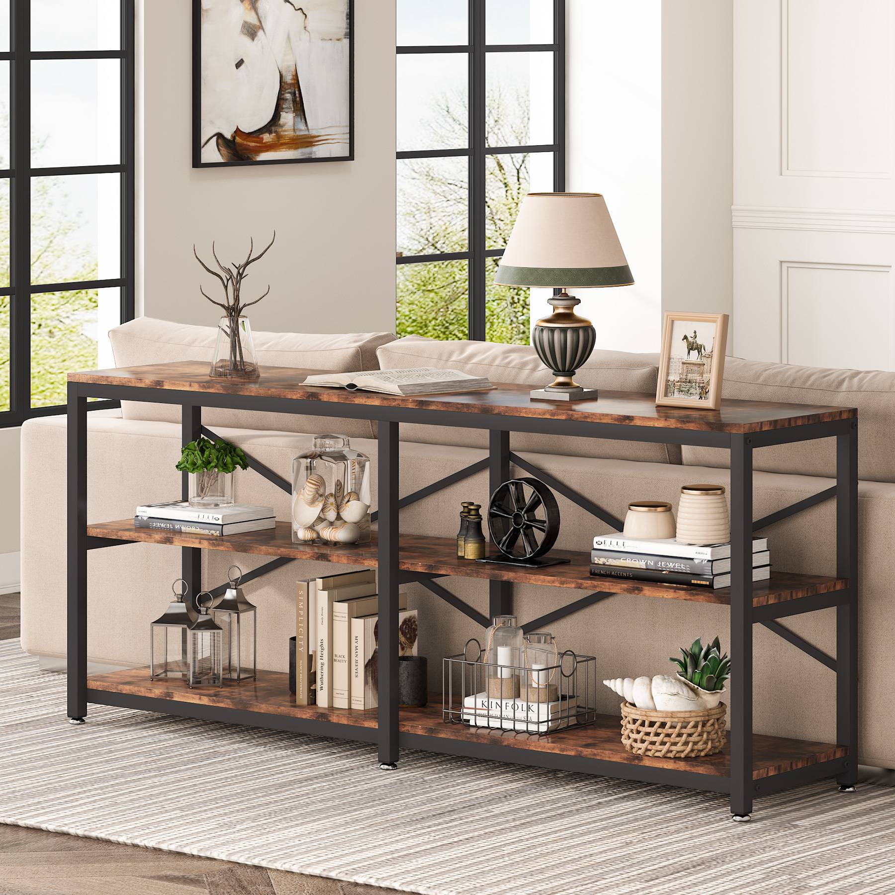 3-Tier Console Table, 180 cm Long Foyer Sofa Table with Storage Shelves