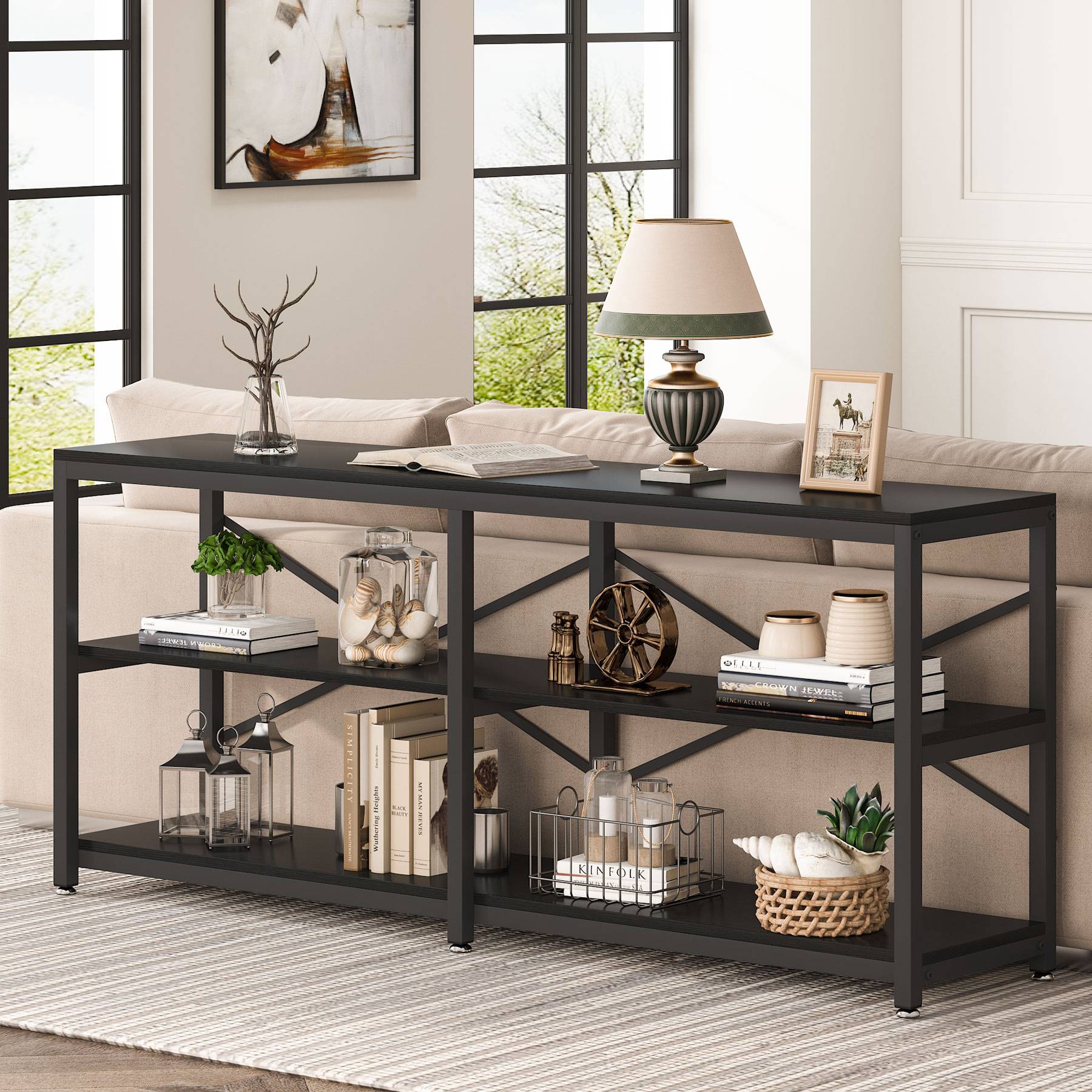 3-Tier Console Table, 180 cm Long Foyer Sofa Table with Storage Shelves