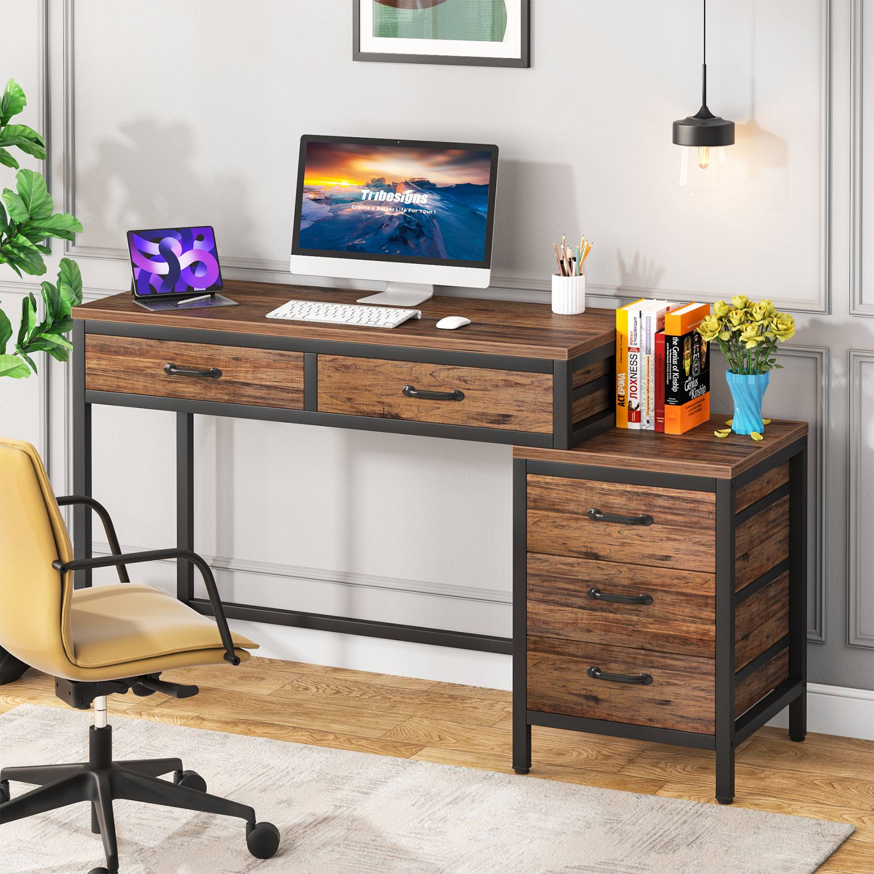 5-Drawer Computer Desk, Study Writing Table with Reversible Drawer Cabinet (Approx. 127 cm)