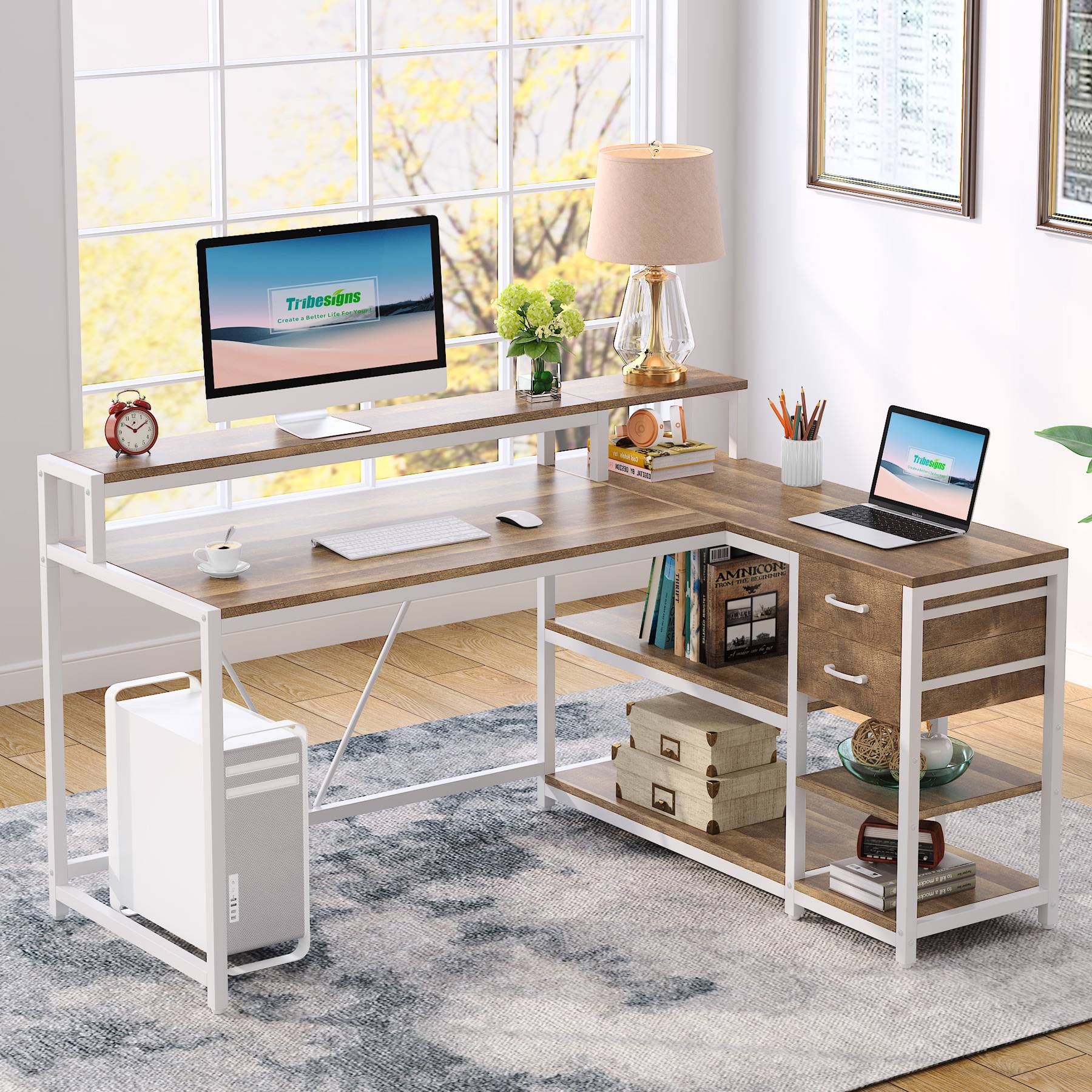 Reversible L-Shaped Desk, Industrial Corner Desk with Drawer & Shelves (Dimensions in cm)