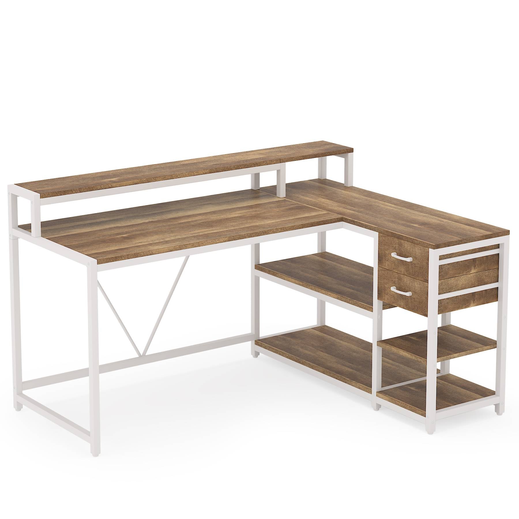 Reversible L-Shaped Desk, Industrial Corner Desk with Drawer & Shelves (Dimensions in cm)