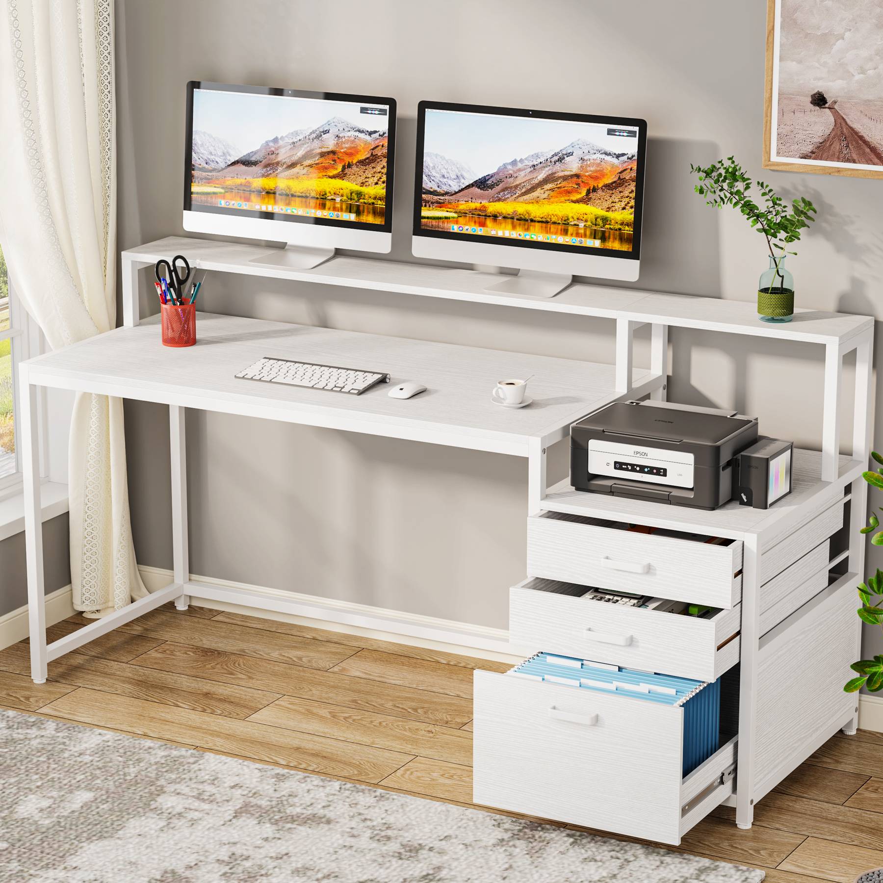 160 cm Computer Desk, Ergonomic Office Desk with Drawers & Monitor Stand