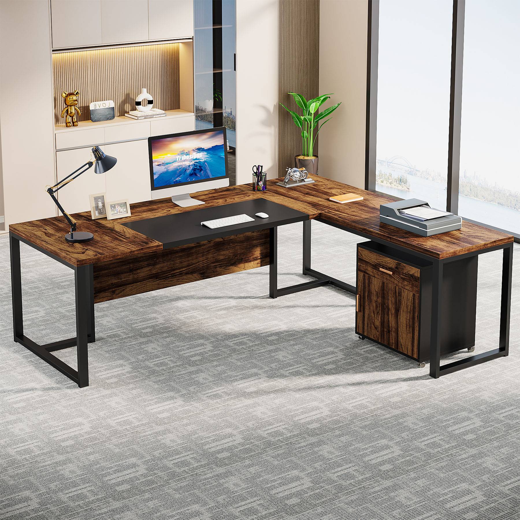 180 cm L-Shaped Desk, Large Executive Desk with Mobile File Cabinet