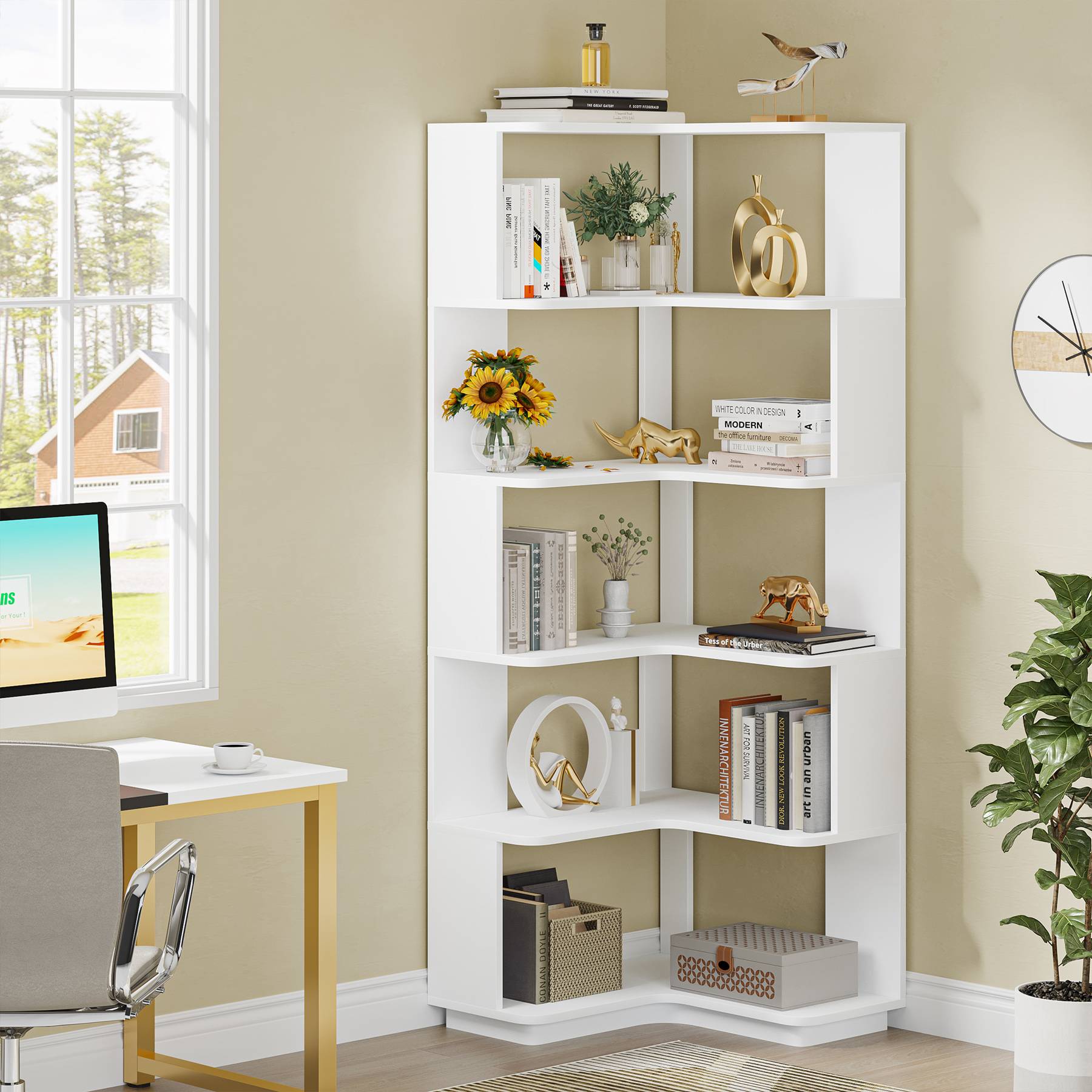 6-Tier Corner Bookshelf, 165.8 cm Corner Bookcase with Anti-Drop Panel