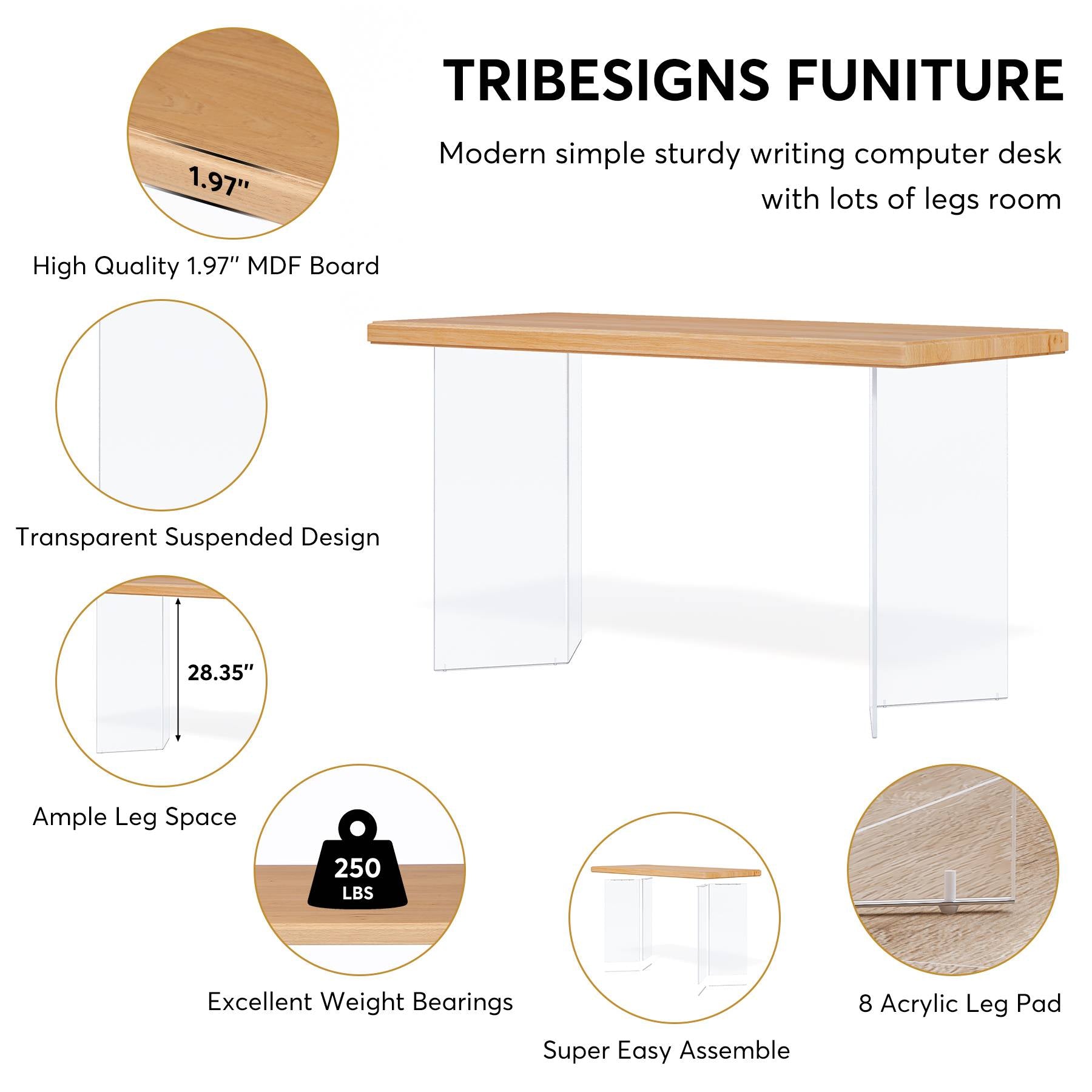 140 cm Computer Desk, Modern Study Writing Table with Acrylic Legs