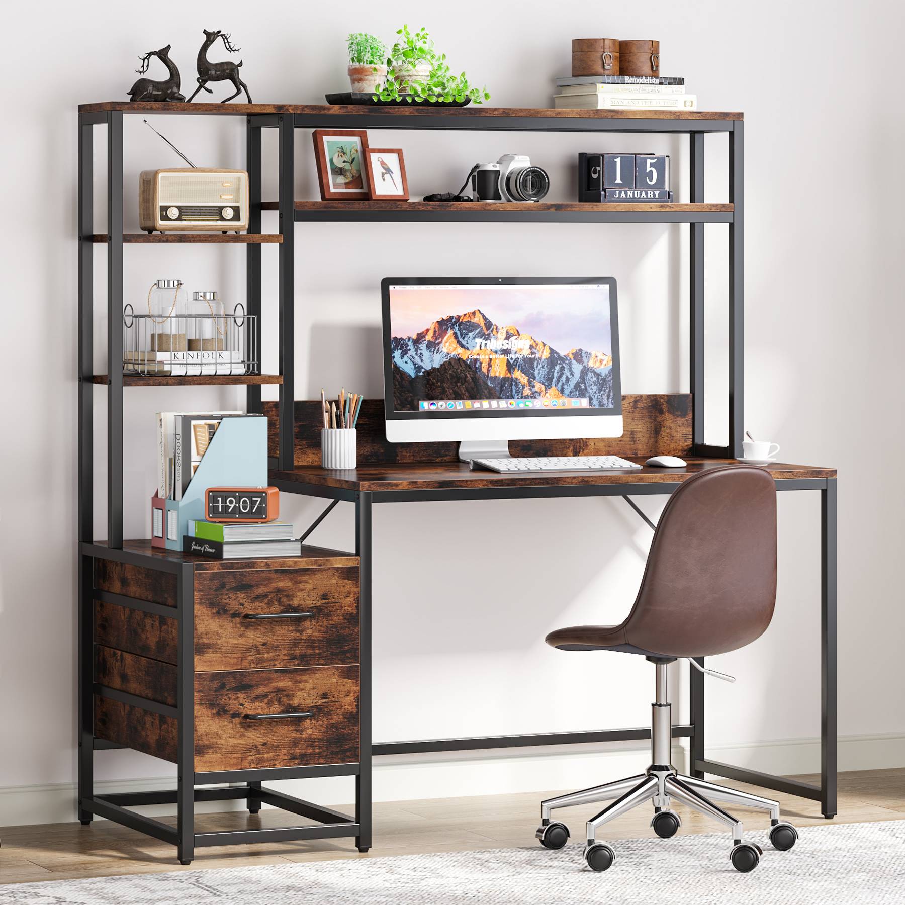 152 cm Tall Computer Desk Writing Table with 2 Drawers and Storage Shelves