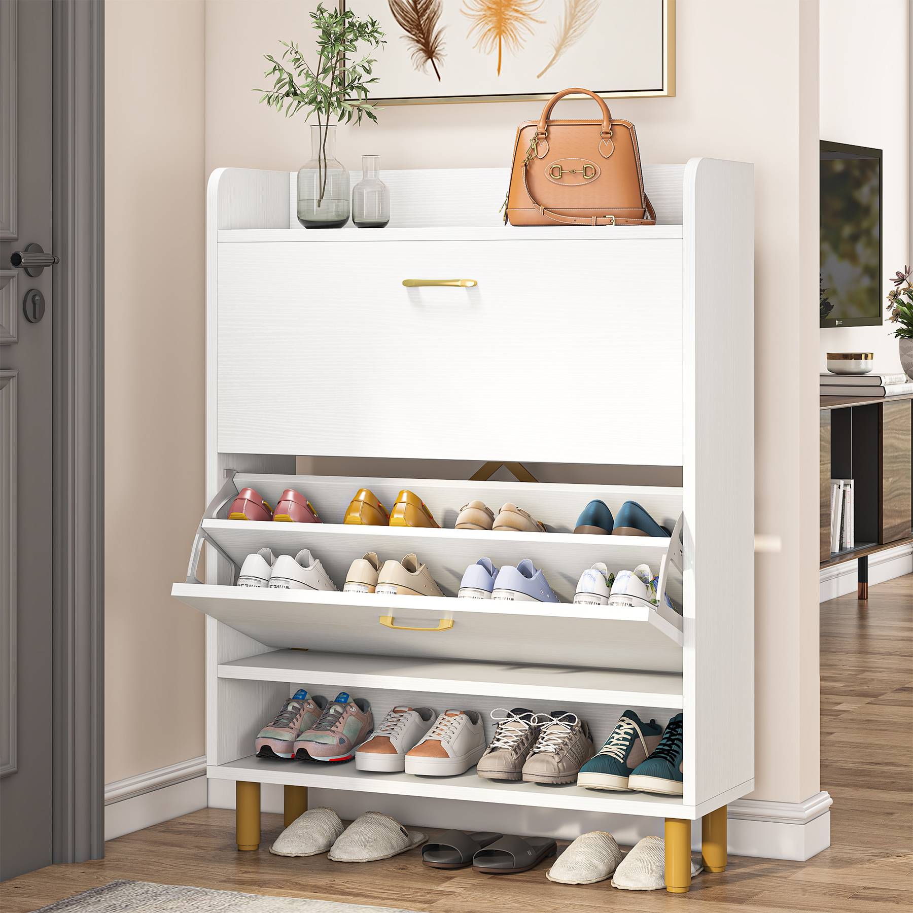 2-Tier Shoe Cabinet Shoe Organizer with Flip Doors & Open Shelves (Dimensions in cm)