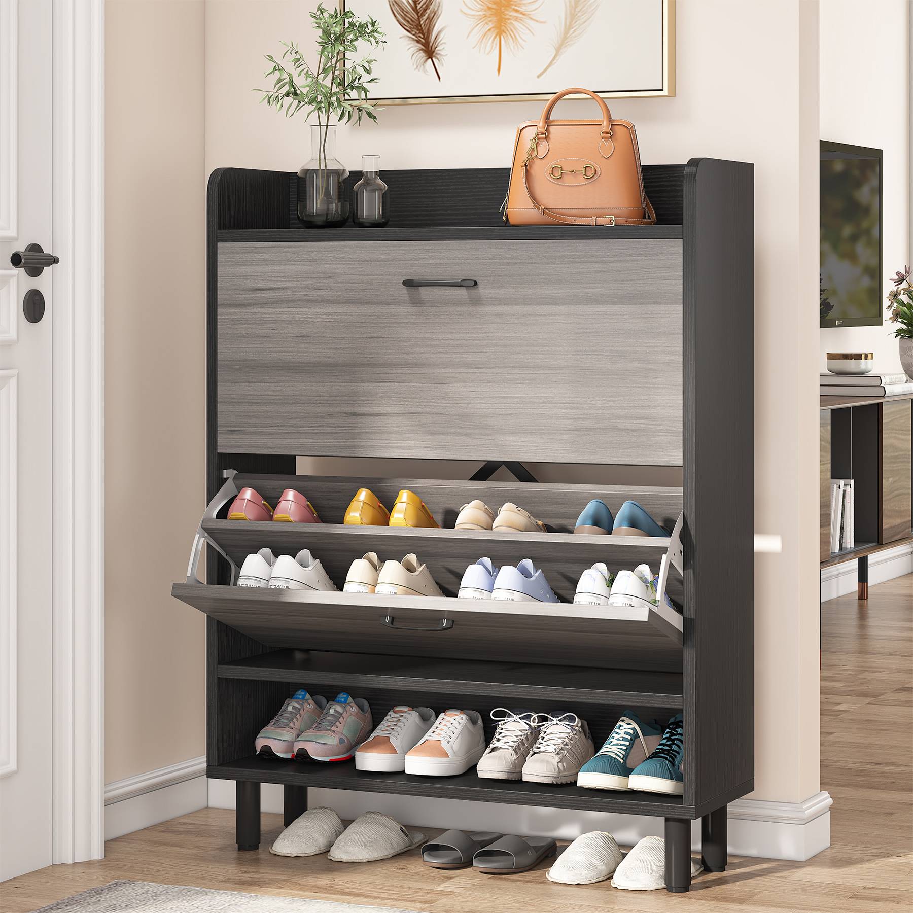 2-Tier Shoe Cabinet Shoe Organizer with Flip Doors & Open Shelves (Dimensions in cm)