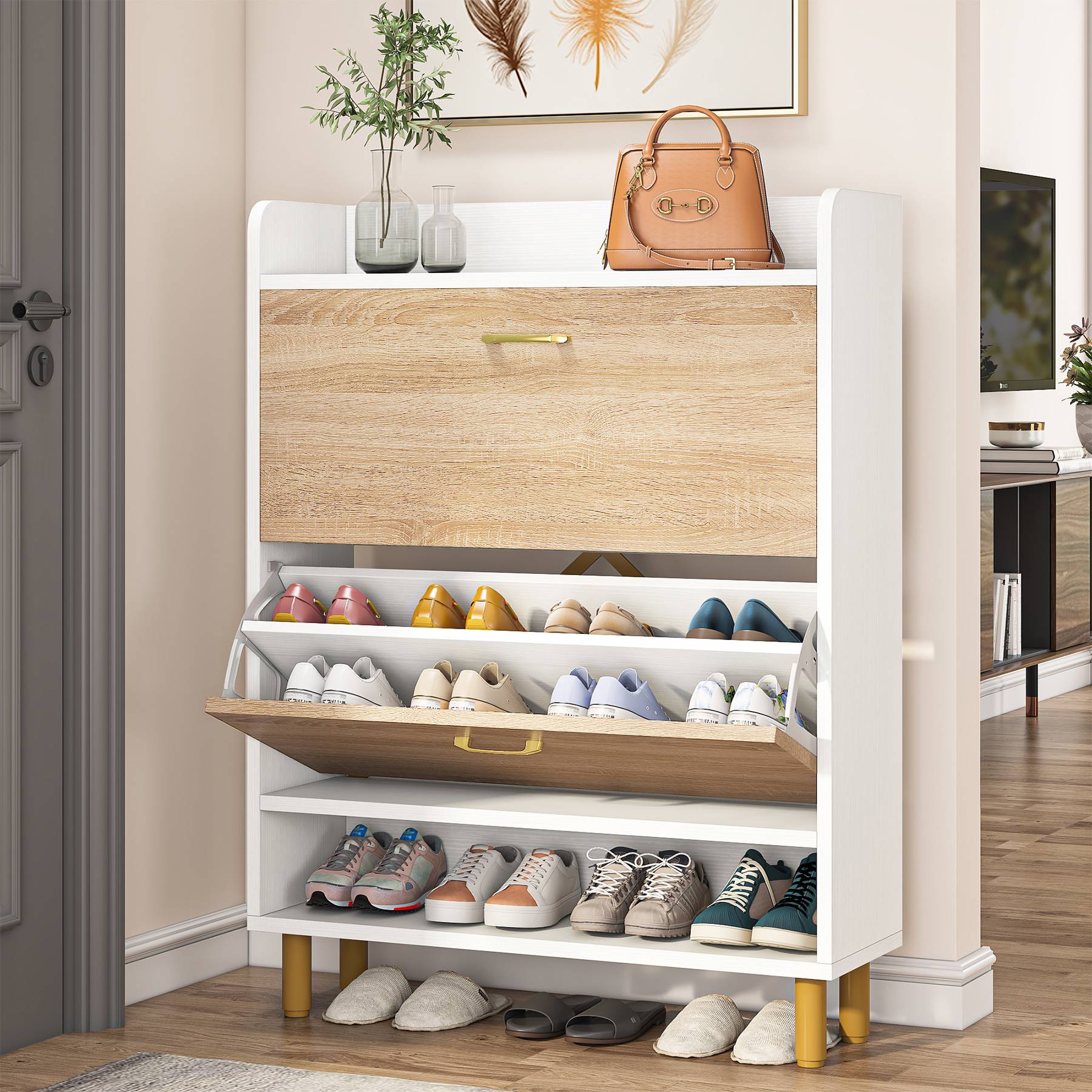 2-Tier Shoe Cabinet Shoe Organizer with Flip Doors & Open Shelves (Dimensions in cm)