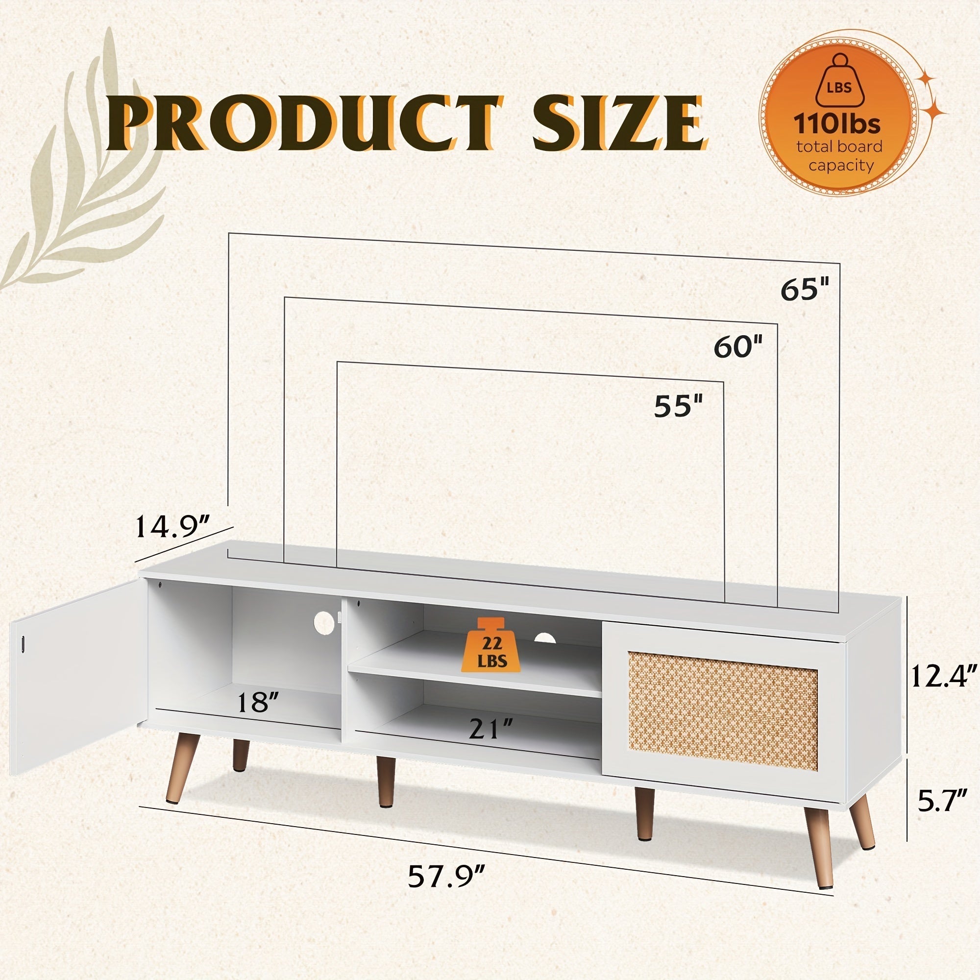 Rattern TV Stand for 165cm TV, Mid Century Modern Entainment Center with Rattern Doors, Boho TV Console with Storage Shelf and 2 Cabinets for Bedroom and Living Room