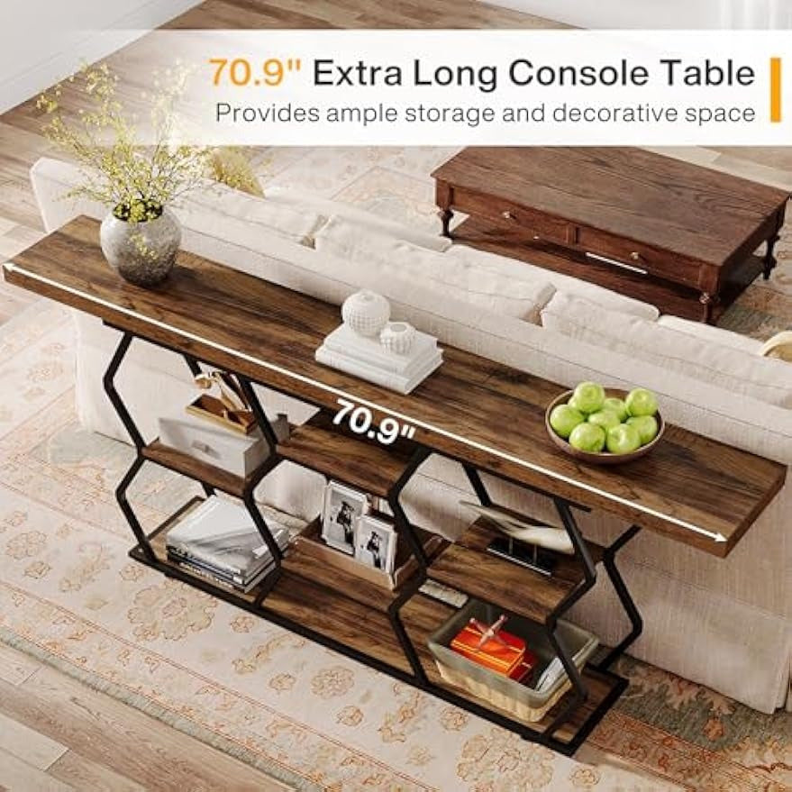 5-Tier Extra Long Console Table with Shelves, Narrow Sofa Table Behind Couch with Storage, Industrial Entryway Table TV Stand Accent Table for Living Room Hallway Foyer, Rustic Brown & Black (Converted to cm)