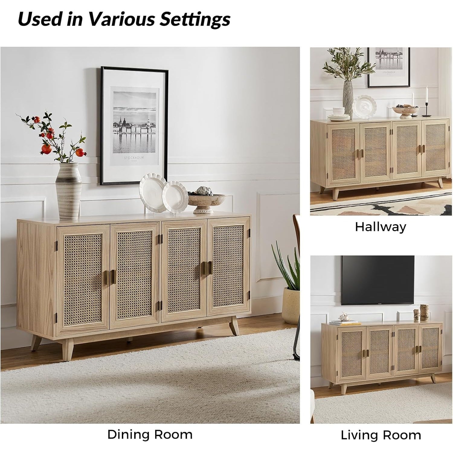 Farmhouse TV Stand with Adjustable Legs - White, Fits TVs Up to 165cm, Rattan Accents & Wood Construction, Perfect for Halloween/Christmas/New Year's Decor