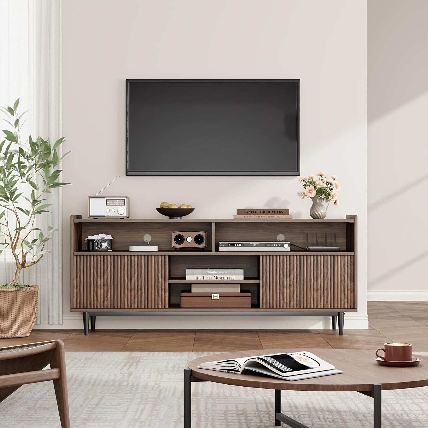 Fluted TV Stand for 70 Inch, Boho Entertainment Center with Storage And Sliding Doors, TV Cabinet with Adjustable Shelves, Under TV Stand for Living Room Bedroom, Walnut