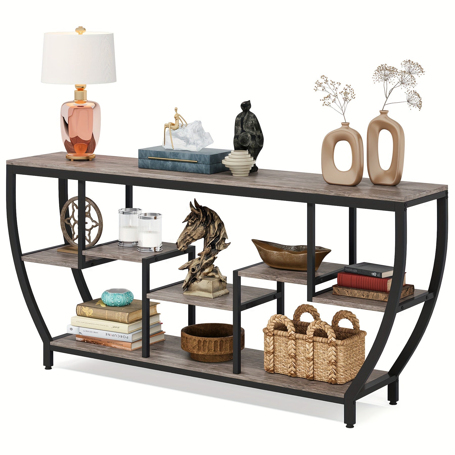 Modern Industrial 180cm TV Console Table with Three Layer Open Storage Shelves for Living Room Dining Room Furniture