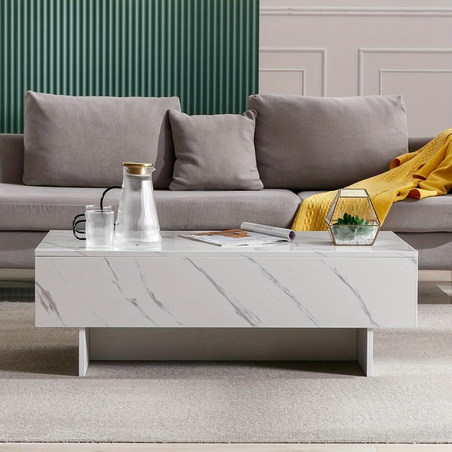 101cm Marble White Cool Coffee Table For Living Room, Rectangular Glossy Smart Contemporary Center Table For Waiting Area