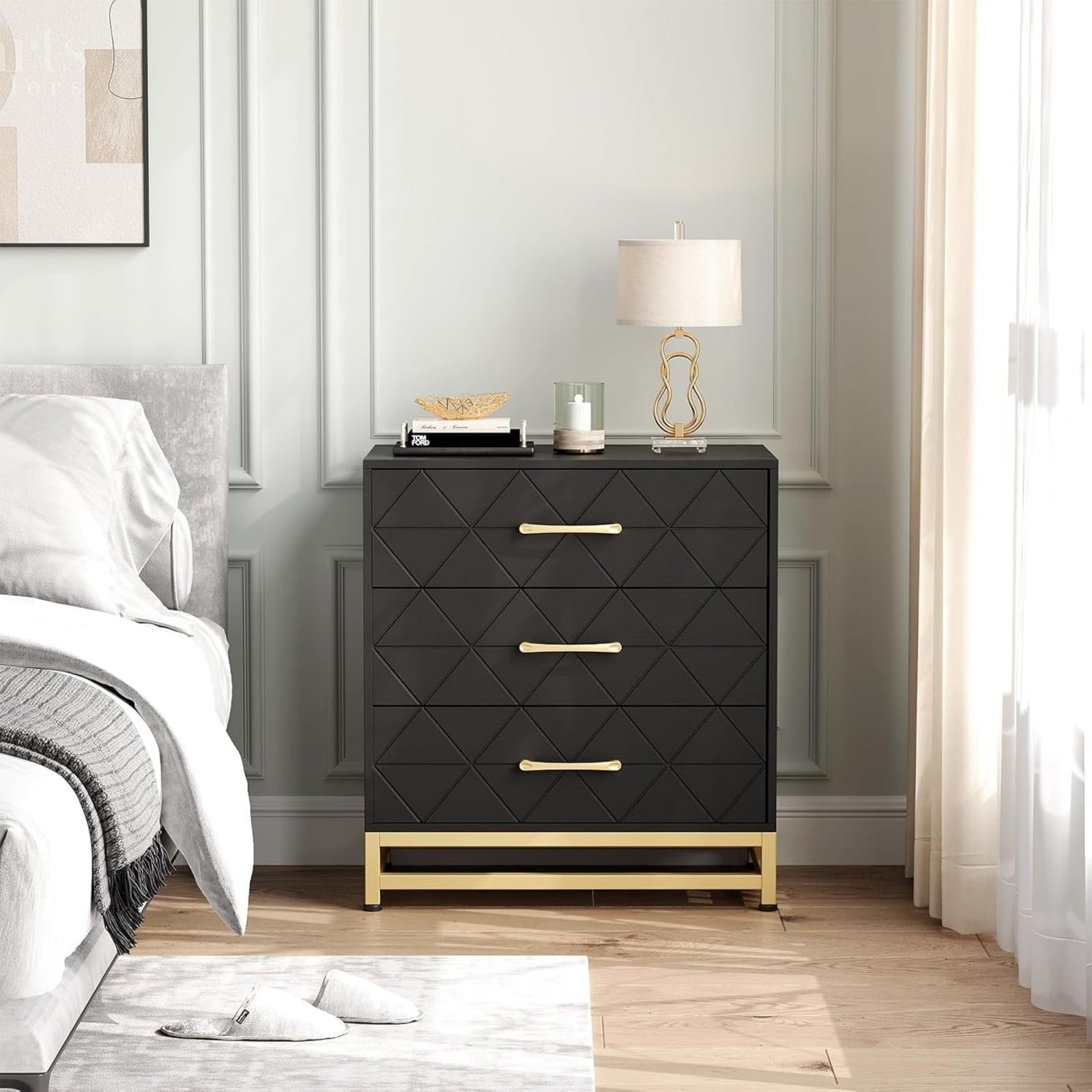 3 Drawer Dresser, Chest Drawers with Storage for Closet, Bedroom, Drawers Dresser Modern Bedside Nightstand with Gold Handles, Nightstand, small, storage cabinet, Black