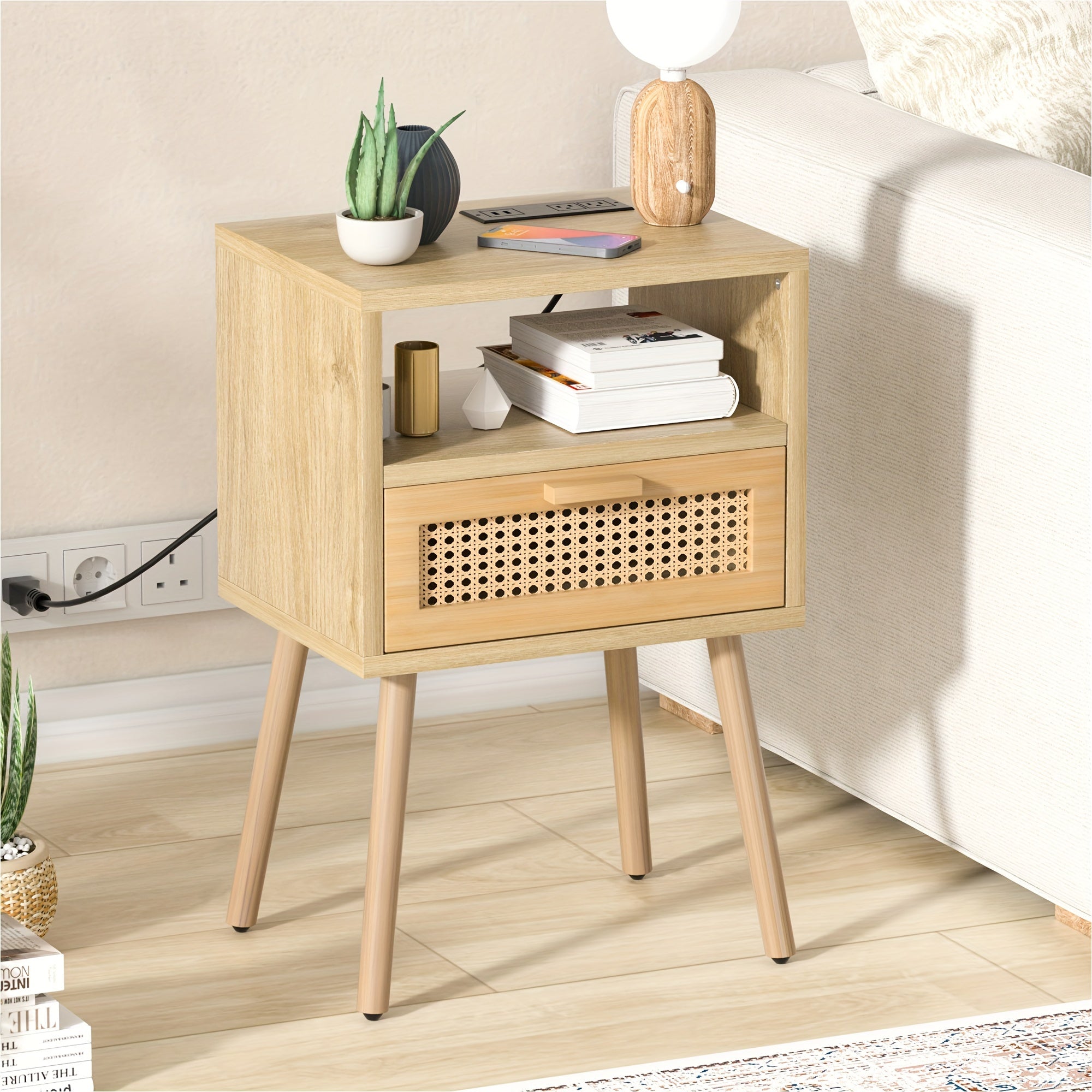 Rattan Nightstands End Side Table With Charging Station, Wooden Mid Century Modern Bedside Table With Storage Drawers For Bedroom Living Room