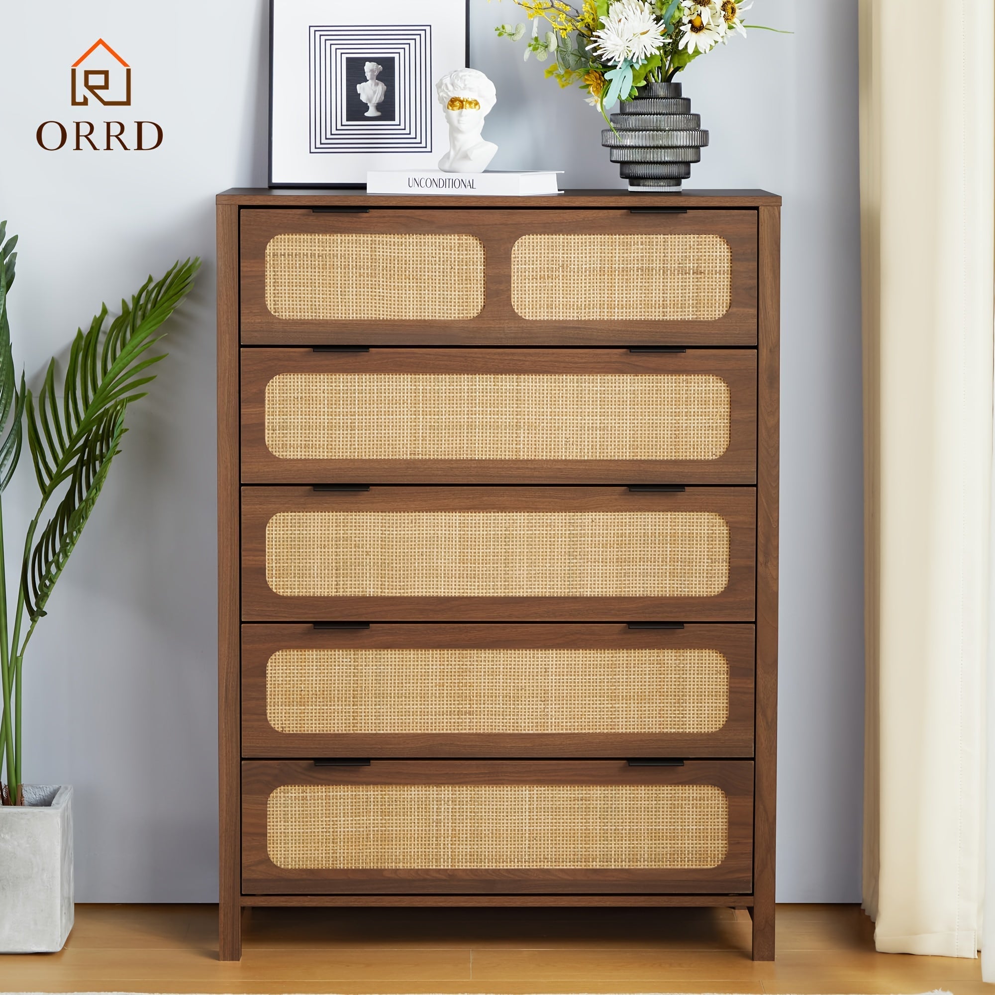 5 Drawer Dresser For Bedroom, Wide Chest Of Drawers With Storage, Rattan Nightstand Cabinet Dresser For Bedroom Hallway Living Room Entryway Office