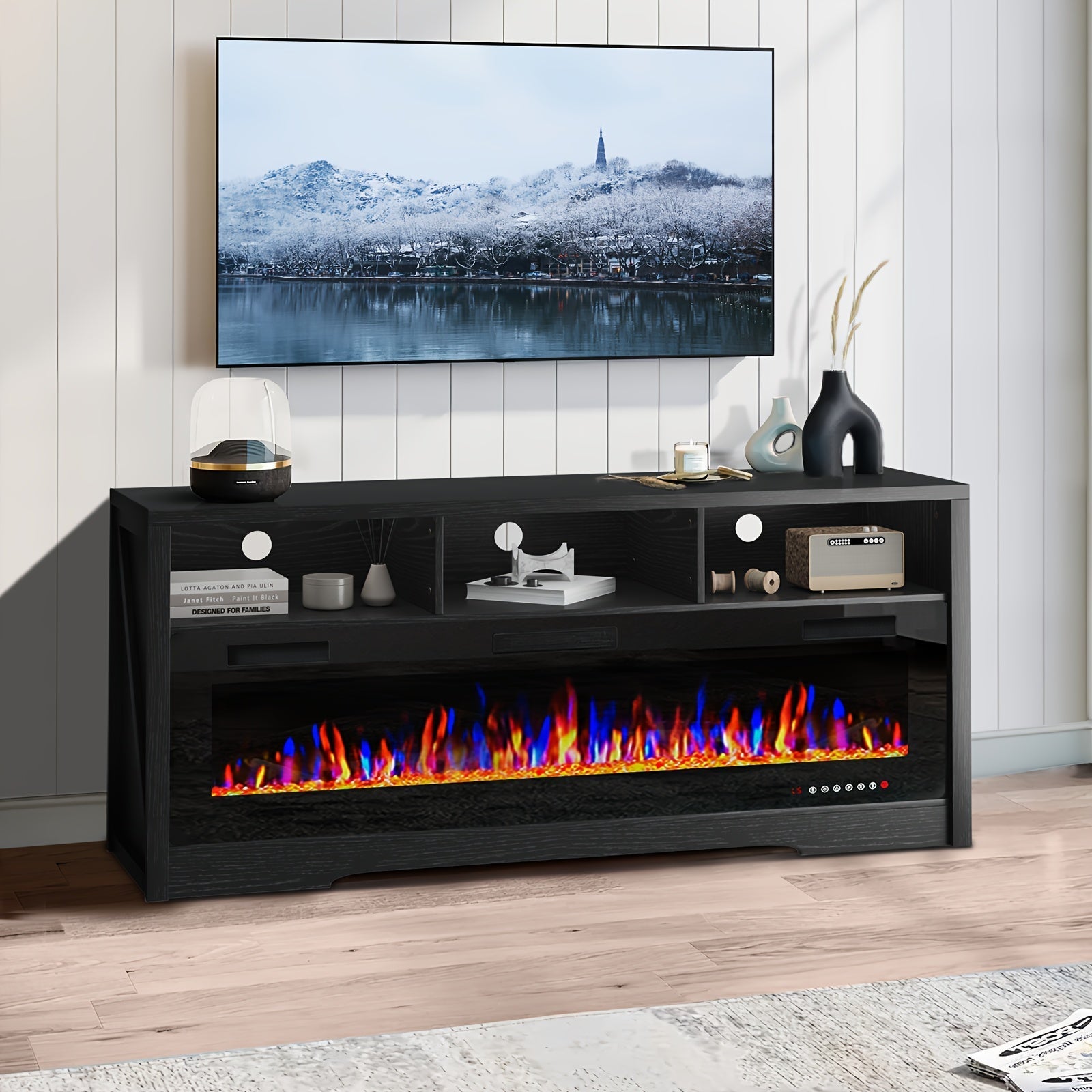 Fireplace TV Stand for TVs Up to 75" TV with 60" Electric Fireplace, Entertainment Center with Open Shelve Storage, 65 inch TV Stand with Fireplace, Entertainment Stand for Living Room