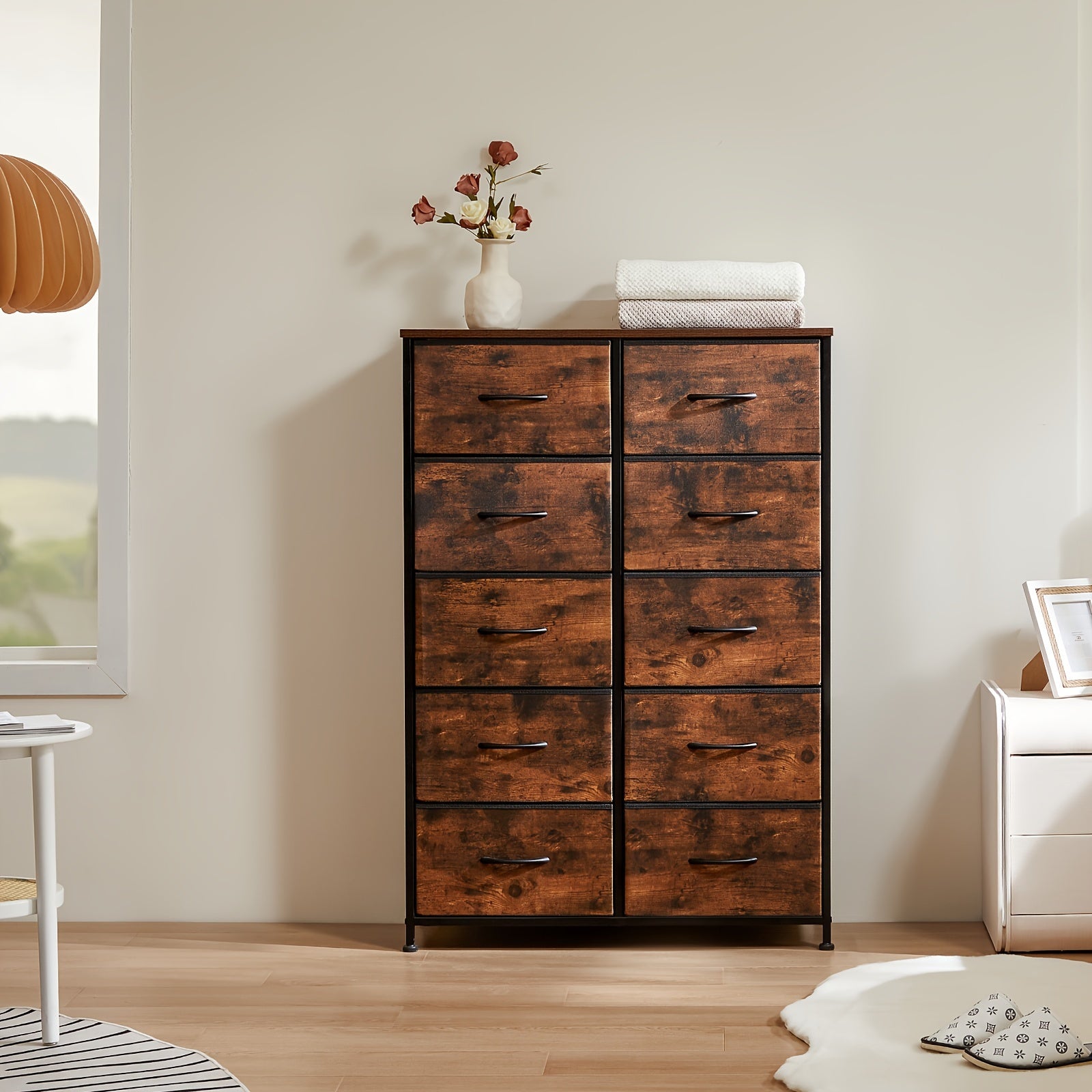 Dresser For Bedroom 10 Drawers, Storage Chest Of Drawers With Fabric Bins, Tall Dresser With Sturdy Steel Frame Clothes Organizer Wood Top For Closet, Hallway, Living Room, Display Stands, Risers