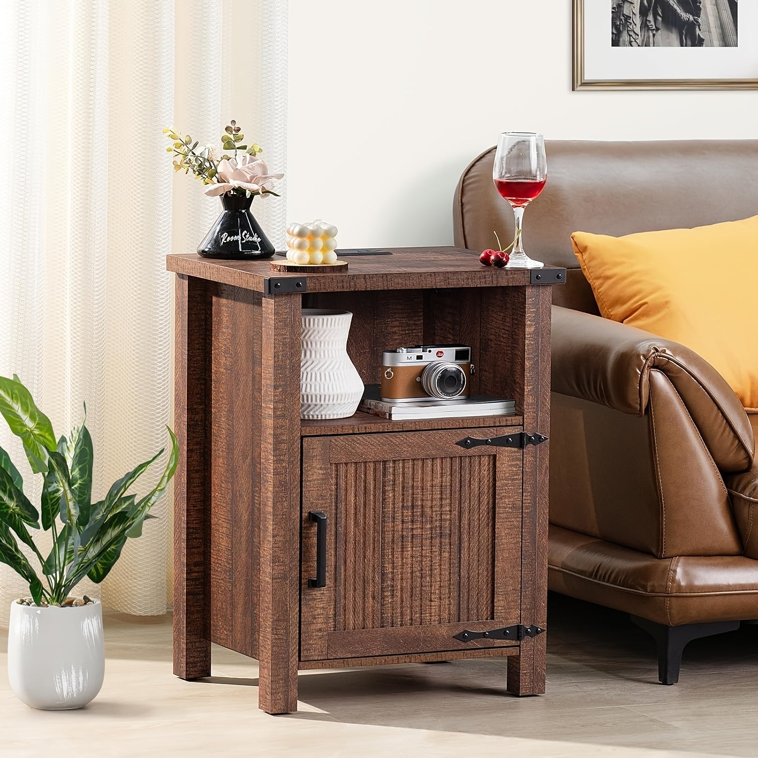 Rustic Farmhouse Nightstand with Built-In Charging Station & USB Ports - Spacious Storage Shelf, Magnetic Door, and Durable Wood Construction for Bedroom