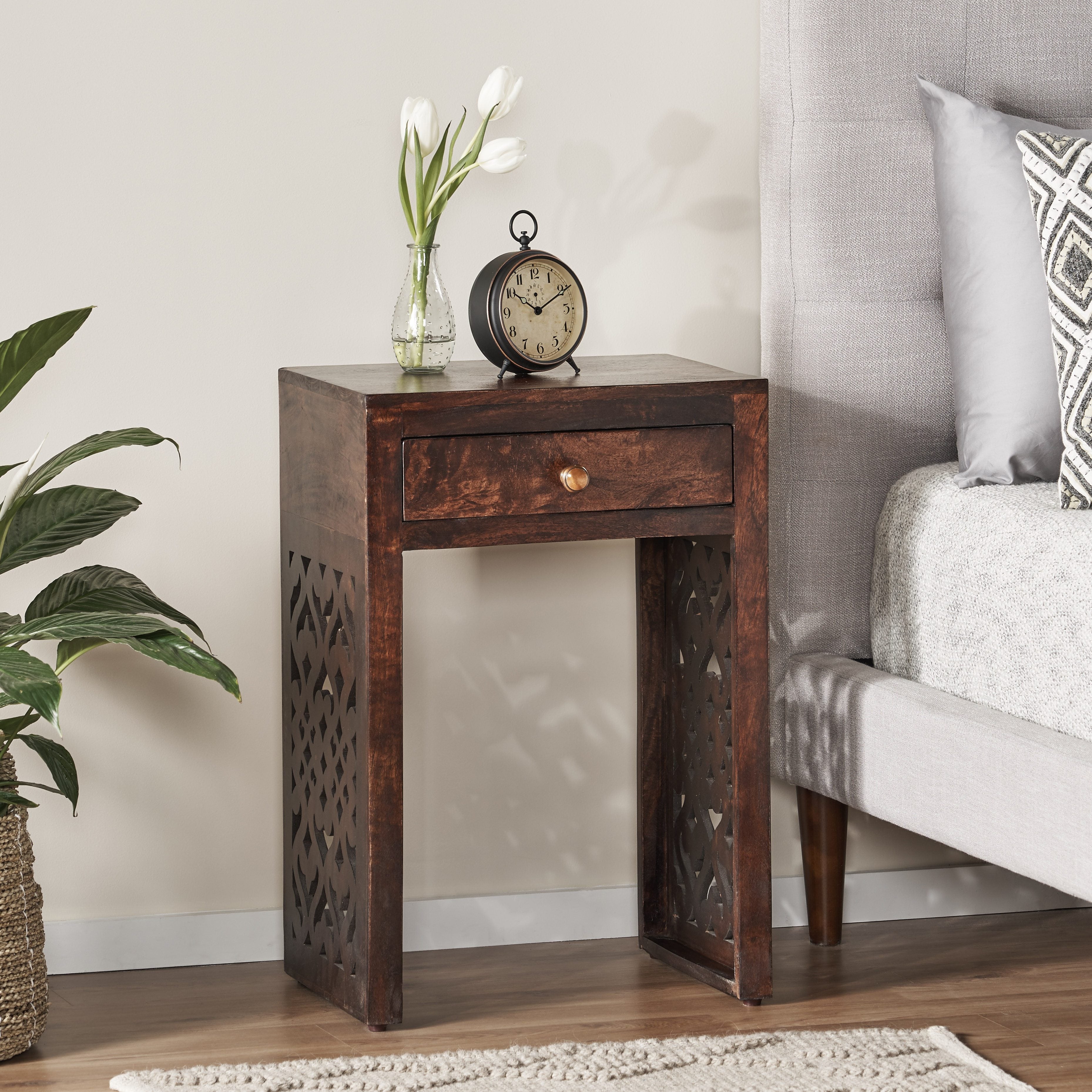 Elegant Antique End Table with Drawer - Handcrafted Mid-Century Design in Rich Brown, Space-Saving Hardwood Nightstand with Decorative Cut-Out Panels for Bedroom & Living Room Elegance, Table Decor